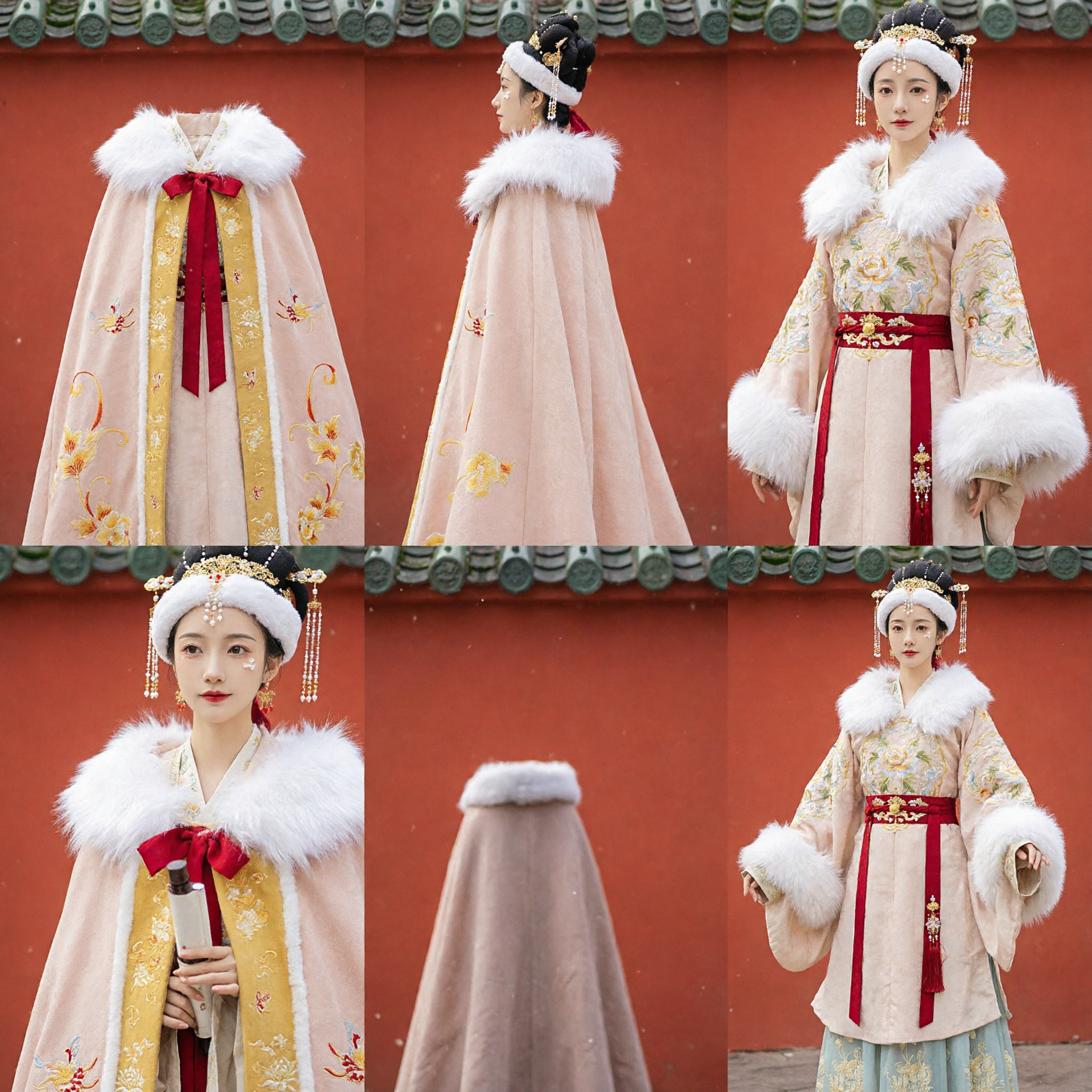 Ancient Chinese Hanfu Traditional Costume Women's Winter Fur Collar Cloak Embroidered Dress for Photography - Asian Costume