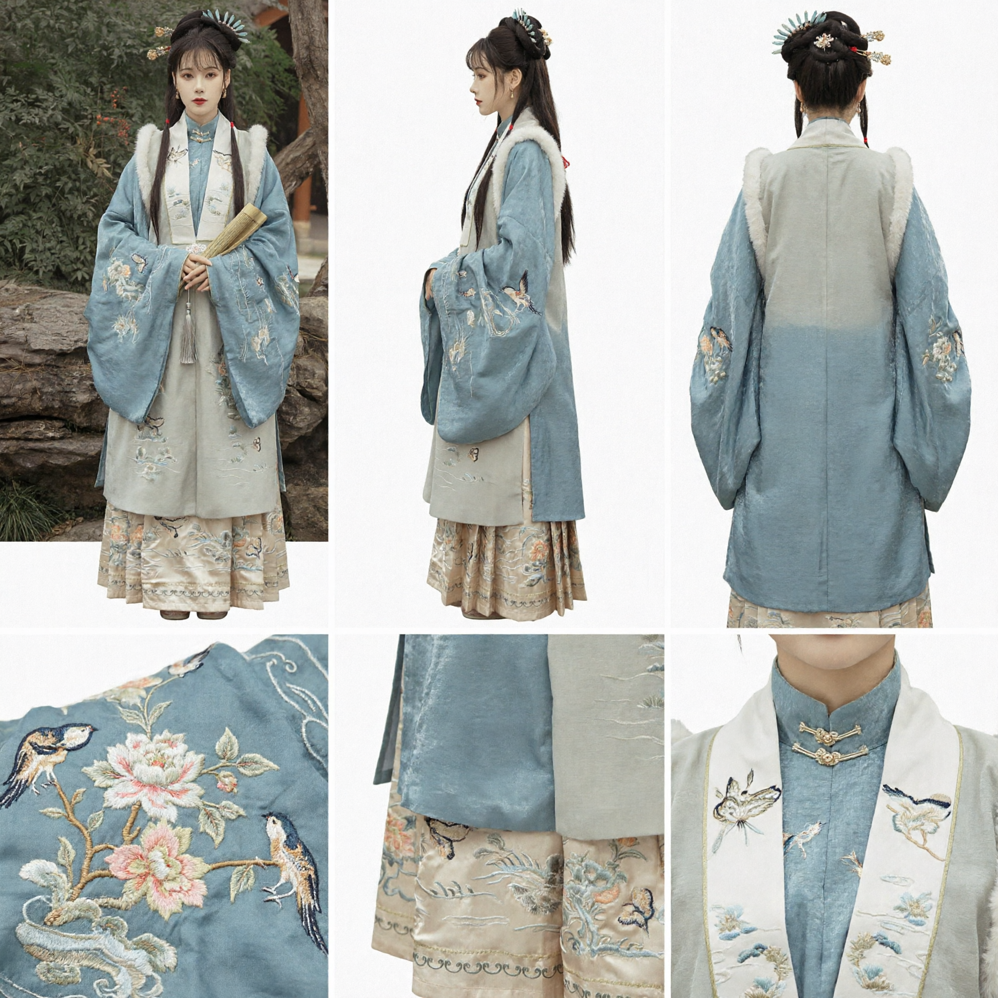 Elegant Chinese Traditional Hanfu Ming Dynasty Winter Blue Fur Collar Embroidered Jacket and Skirt Set for Women - Asian Costume
