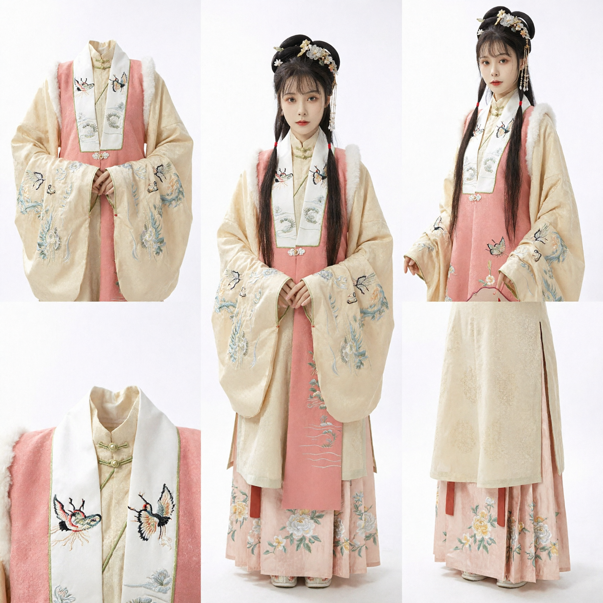 Traditional Chinese Hanfu Ming Dynasty Embroidered Pifeng Coat Pink Skirt Set Ancient Costume for Women - Asian Costume