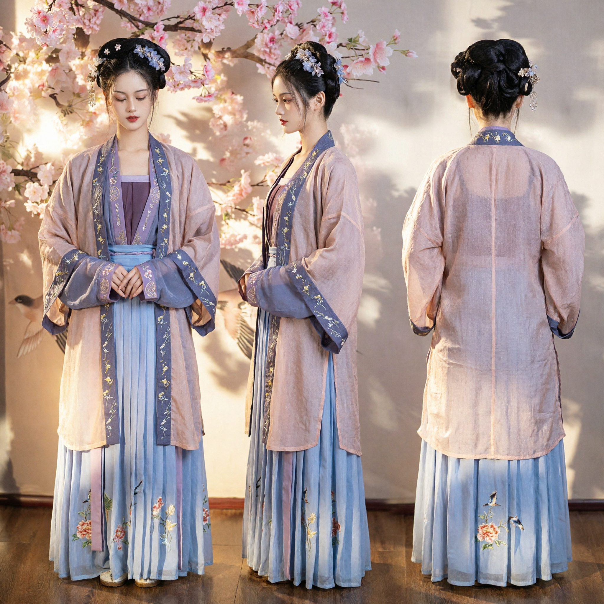 Traditional Chinese Hanfu Ancient Costume for Women Blue Gradient Embroidery Robe Set for Photography and Festivals - Asian Costume