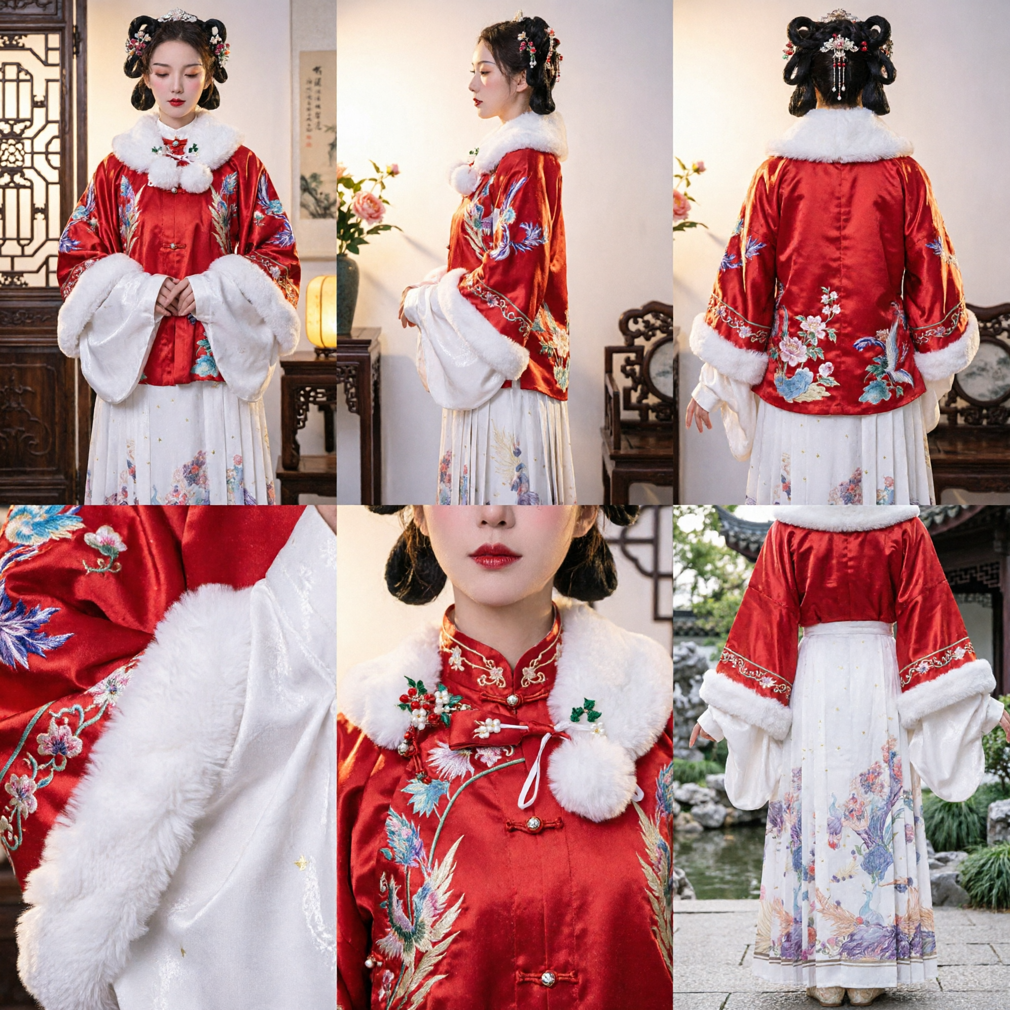 Traditional Chinese Hanfu Winter Set Red Embroidered Fur Collar Jacket and White Pleated Skirt for Women - Asian Costume