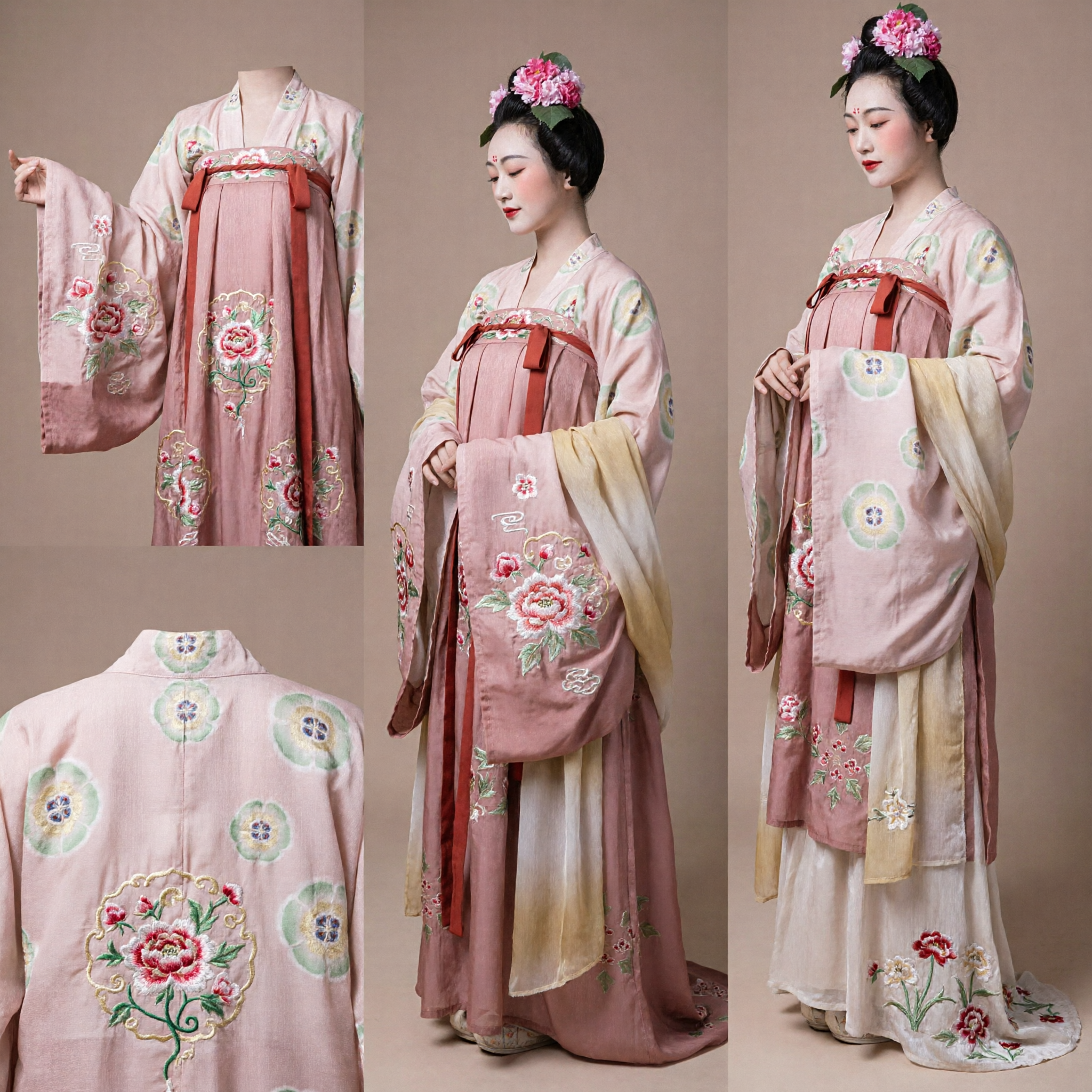 Traditional Chinese Tang Dynasty Hanfu Costume Pink Floral Embroidered Ancient Princess Dress for Women - Asian Costume
