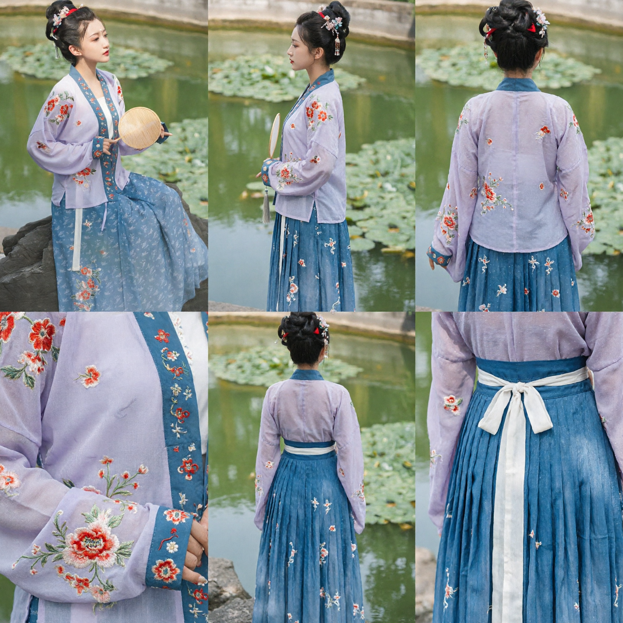 Traditional Chinese Hanfu Women's Ancient Costume Purple Embroidered Jacket and Blue Skirt Set for Photography - Asian Costume