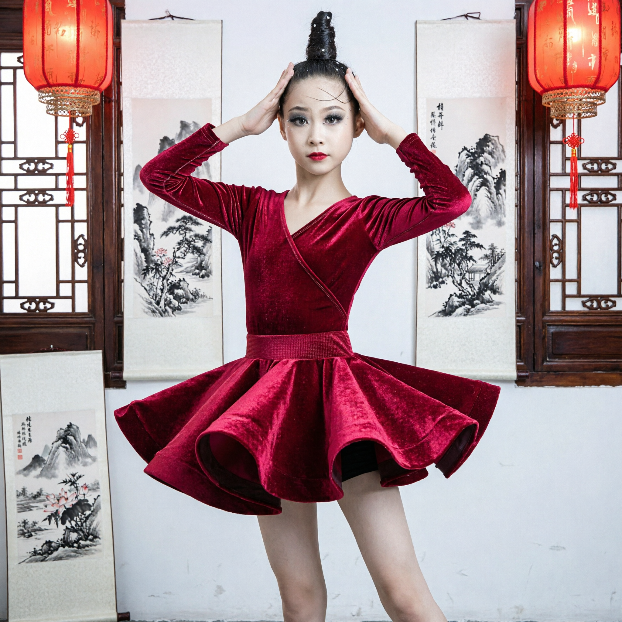 Girls Red Velvet Latin Dance Dress Long Sleeve Ballroom Performance Costume for Competition Stage - Asian Costume