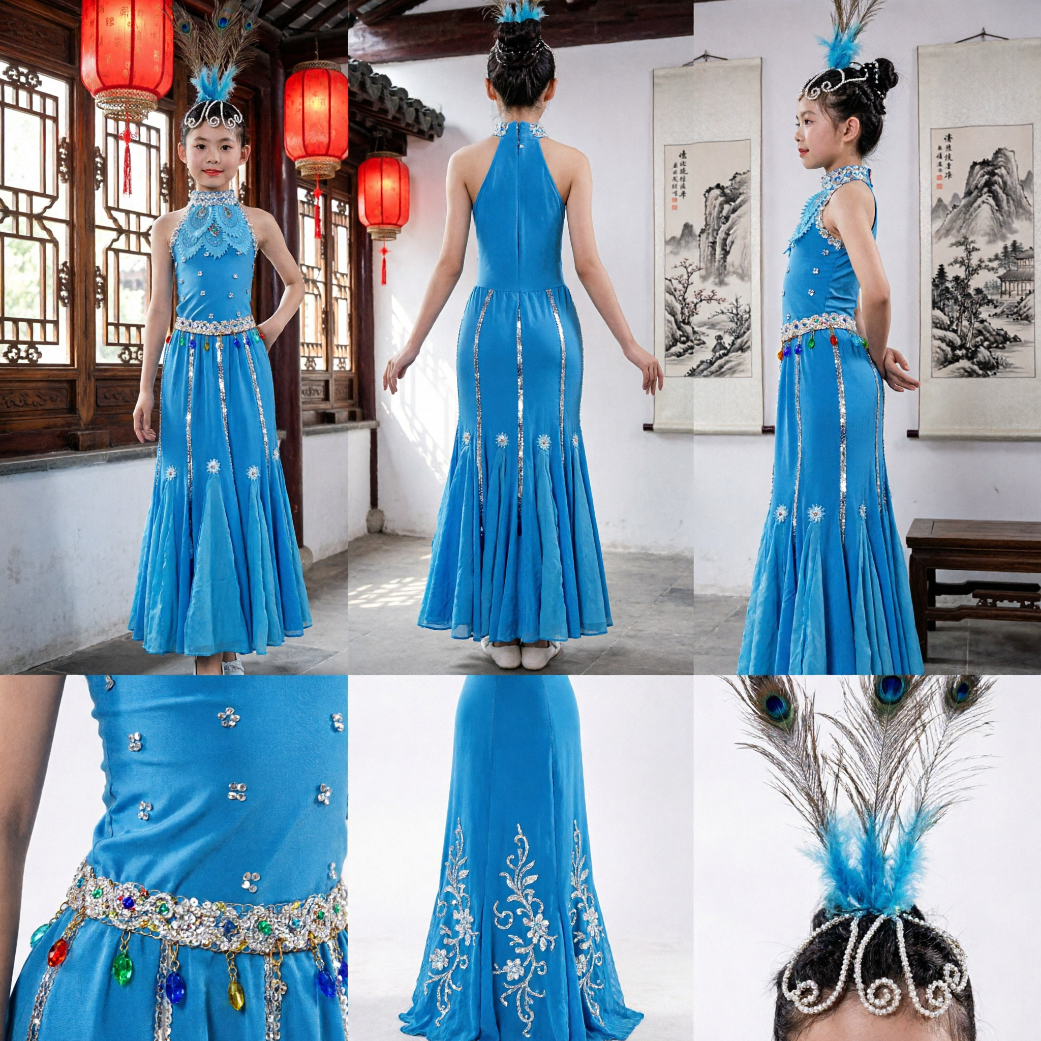 Children Blue Peacock Dance Costume Traditional Chinese Dai Minority Folk Dress for Girls Stage Performance with Feather Headpiece - Asian Costume