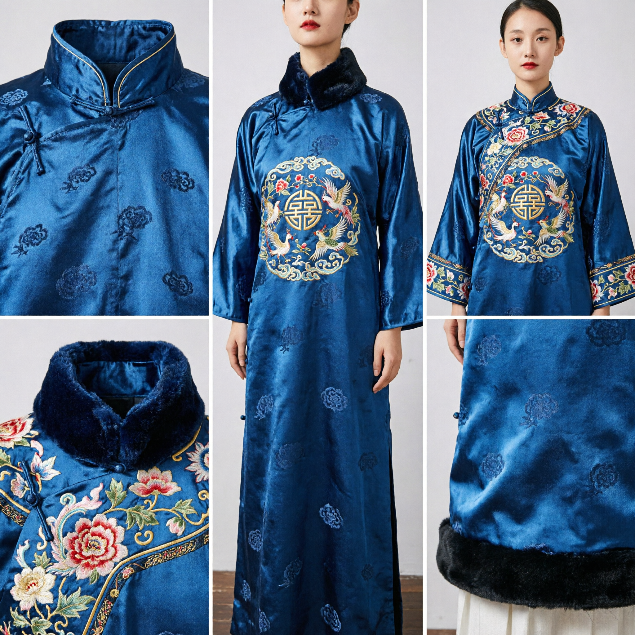 Royal Blue Traditional Chinese Hanfu Cloak with Black Faux Fur Trim Winter Cape for Women - Asian Costume