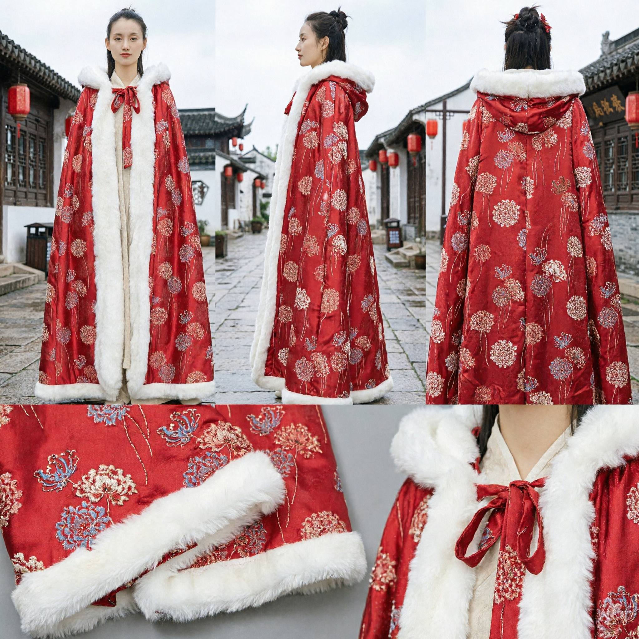 Chinese Traditional Hanfu Red Cloak Winter Fur Lined Cape Brocade Ancient Costume for Women - Asian Costume