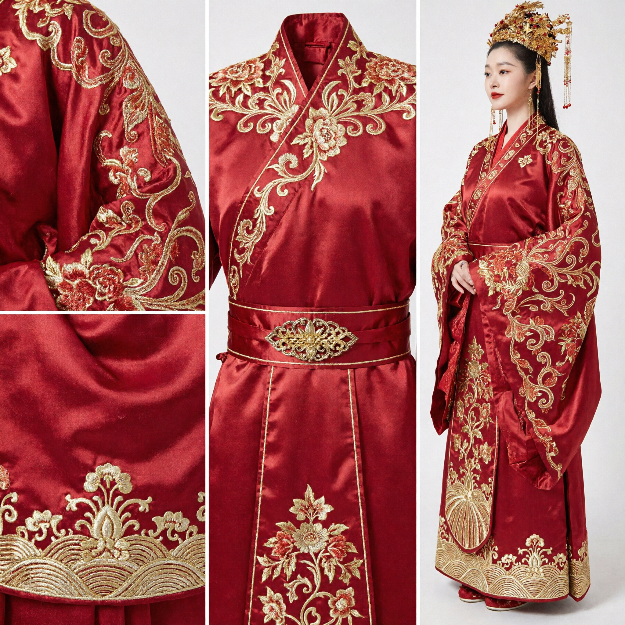 Exquisite Traditional Chinese Wedding Dress Red Xiuhe Suit with Gold Embroidery and Phoenix Crown for Bride - Asian Costume