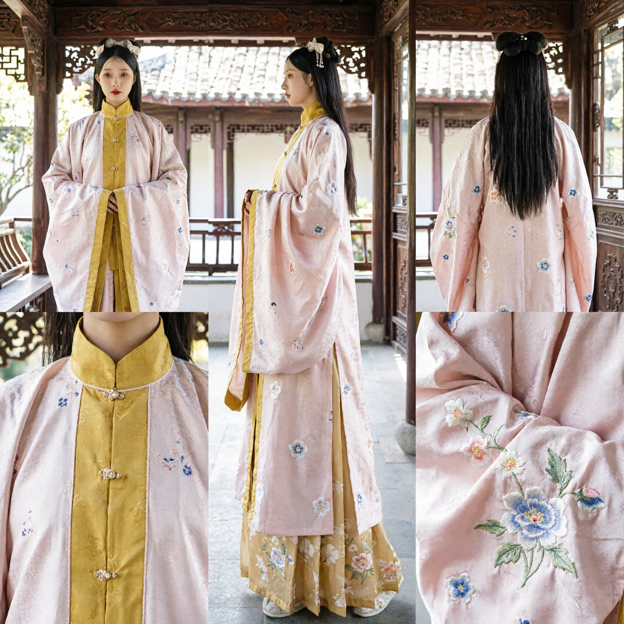 Elegant Ming Dynasty Hanfu Costume Set Pink Embroidered Beizi Robe Yellow Skirt Traditional Chinese Clothing for Women - Asian Costume