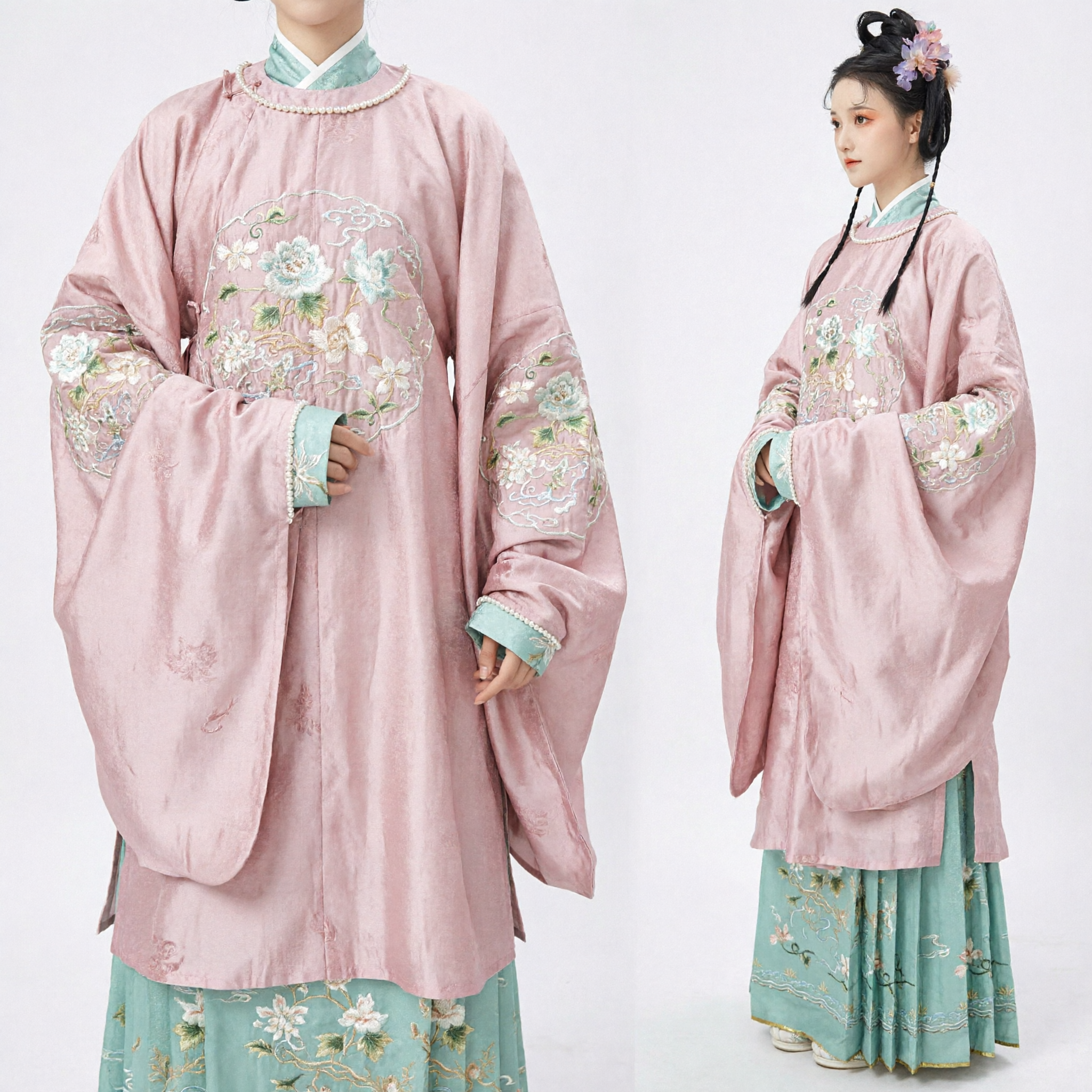 Traditional Chinese Hanfu Pink Embroidered Beizi Robe and Skirt Set Ming Dynasty Costume for Women - Asian Costume