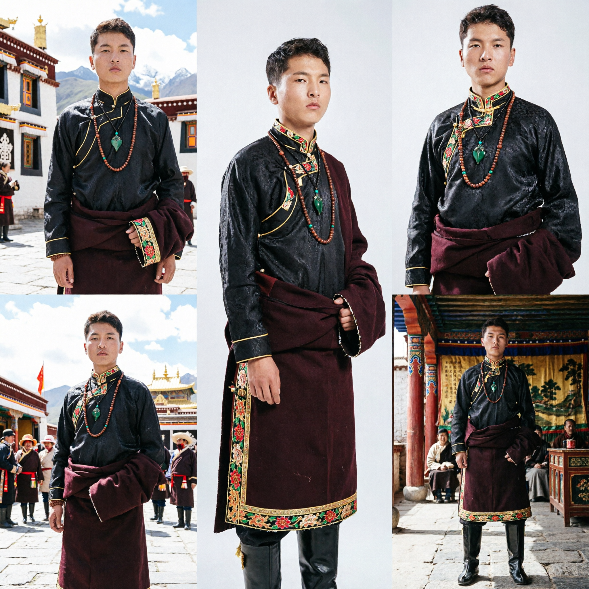 Traditional Tibetan Men's Black Brocade Chuba Robe with Gold Trim Ethnic Costume for Festivals - Asian Costume