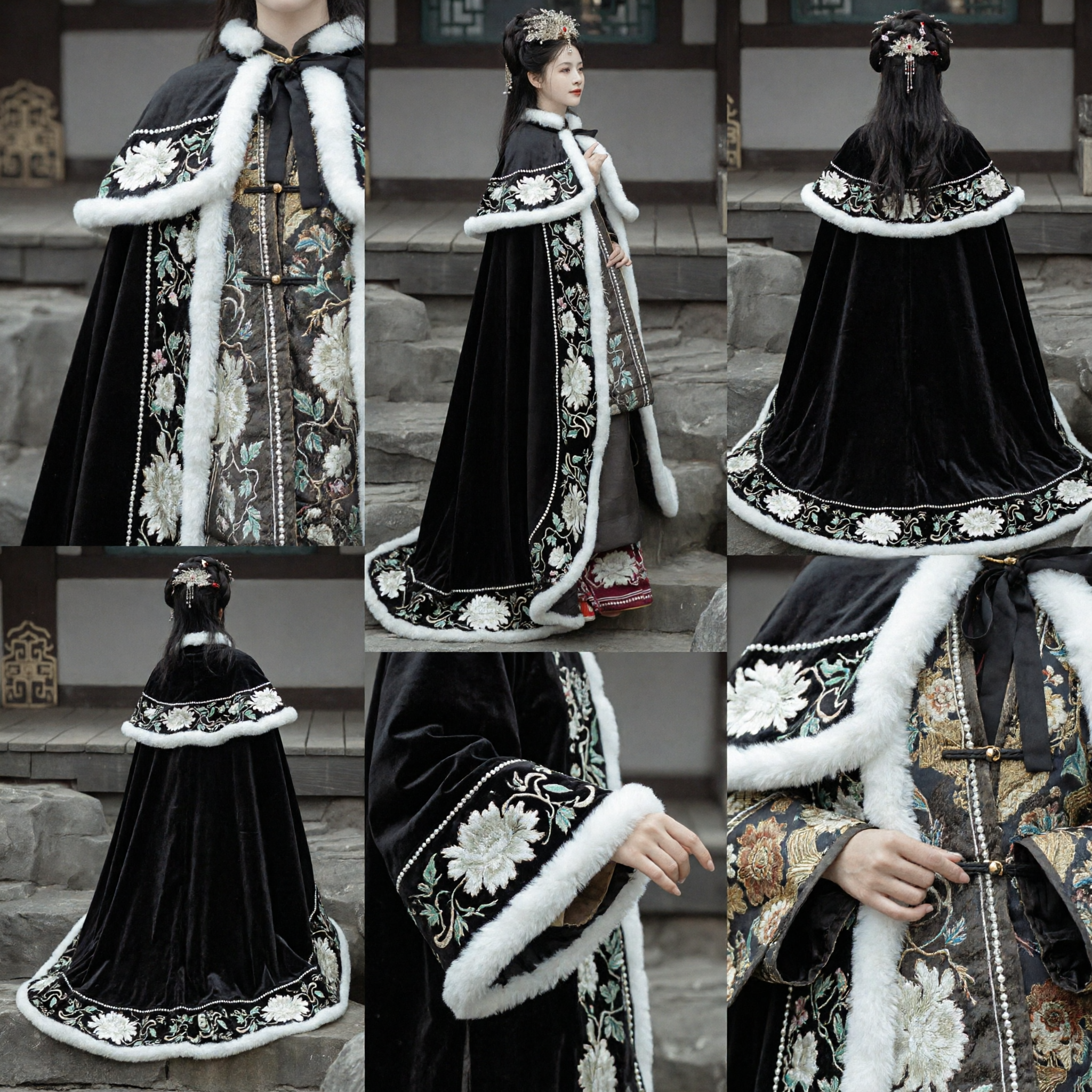 Traditional Chinese Hanfu Winter Cloak for Women Black Velvet Cape with White Fur and Floral Embroidery - Asian Costume