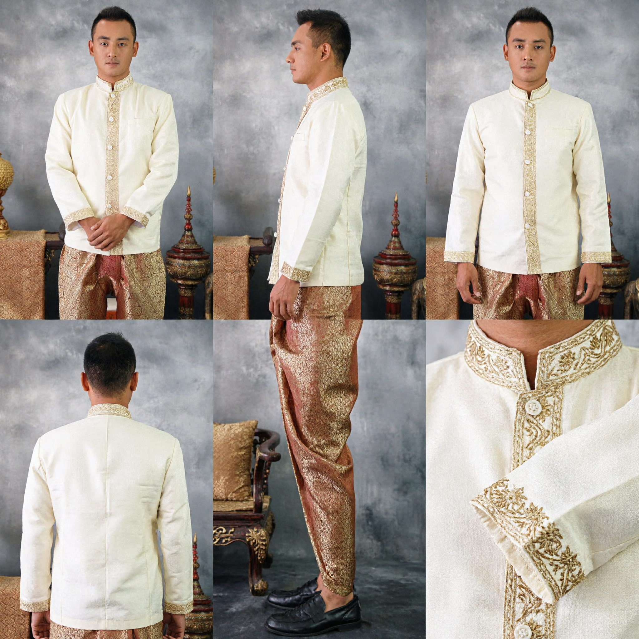 Traditional Thai Men's Formal Wedding Attire Cream Mandarin Collar Shirt with Gold Embroidery and Patterned Pants - Asian Costume