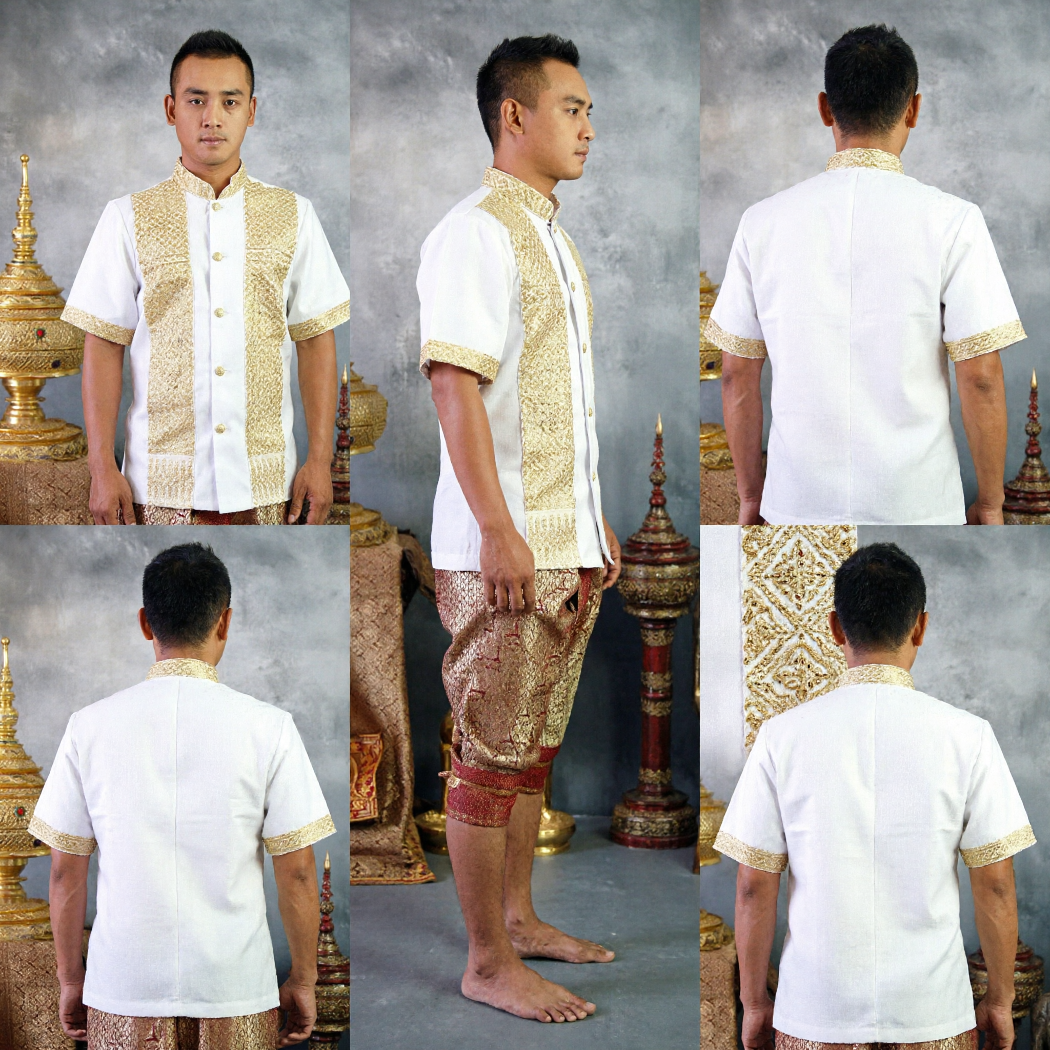 Men's Traditional Thai Wedding Costume Set Gold Embroidered Shirt and Pants for Cultural Ceremony - Asian Costume