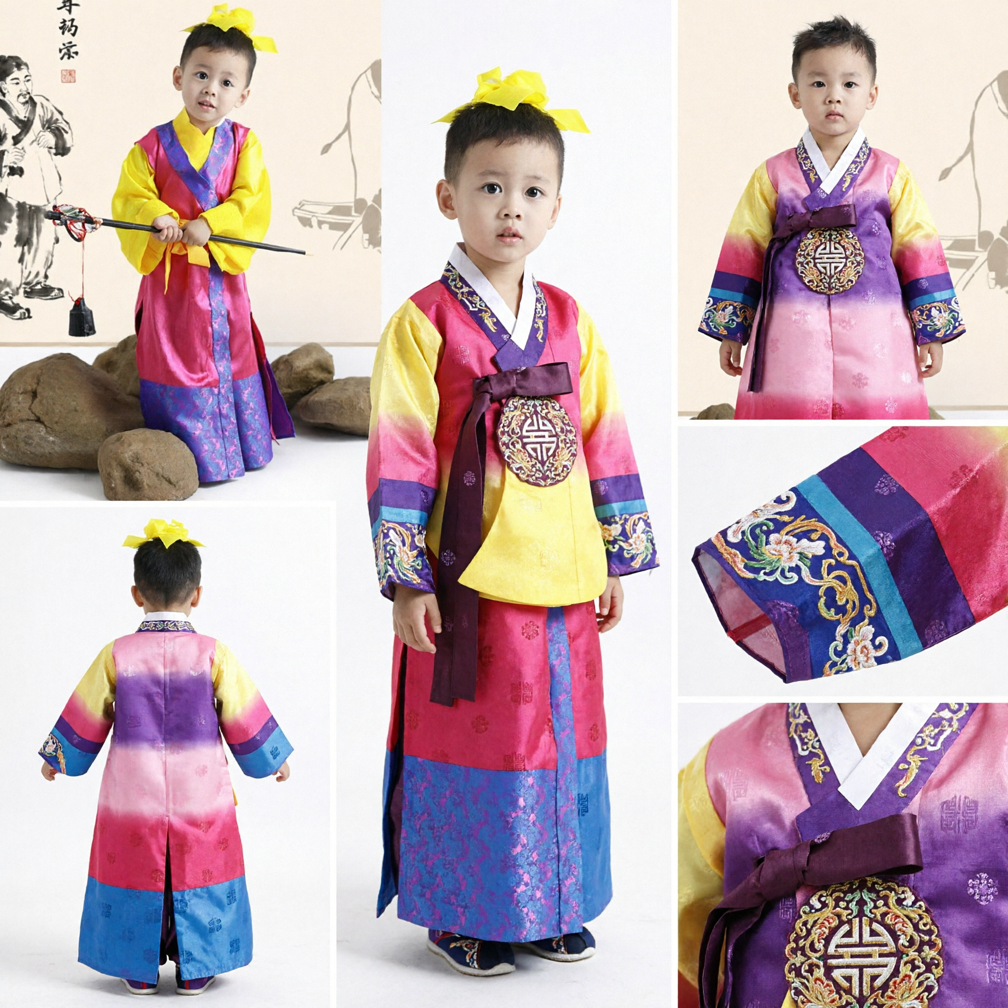 Traditional Korean Hanbok for Boys Kids Yellow Pink Purple Costume for Birthday Party Festival - Asian Costume