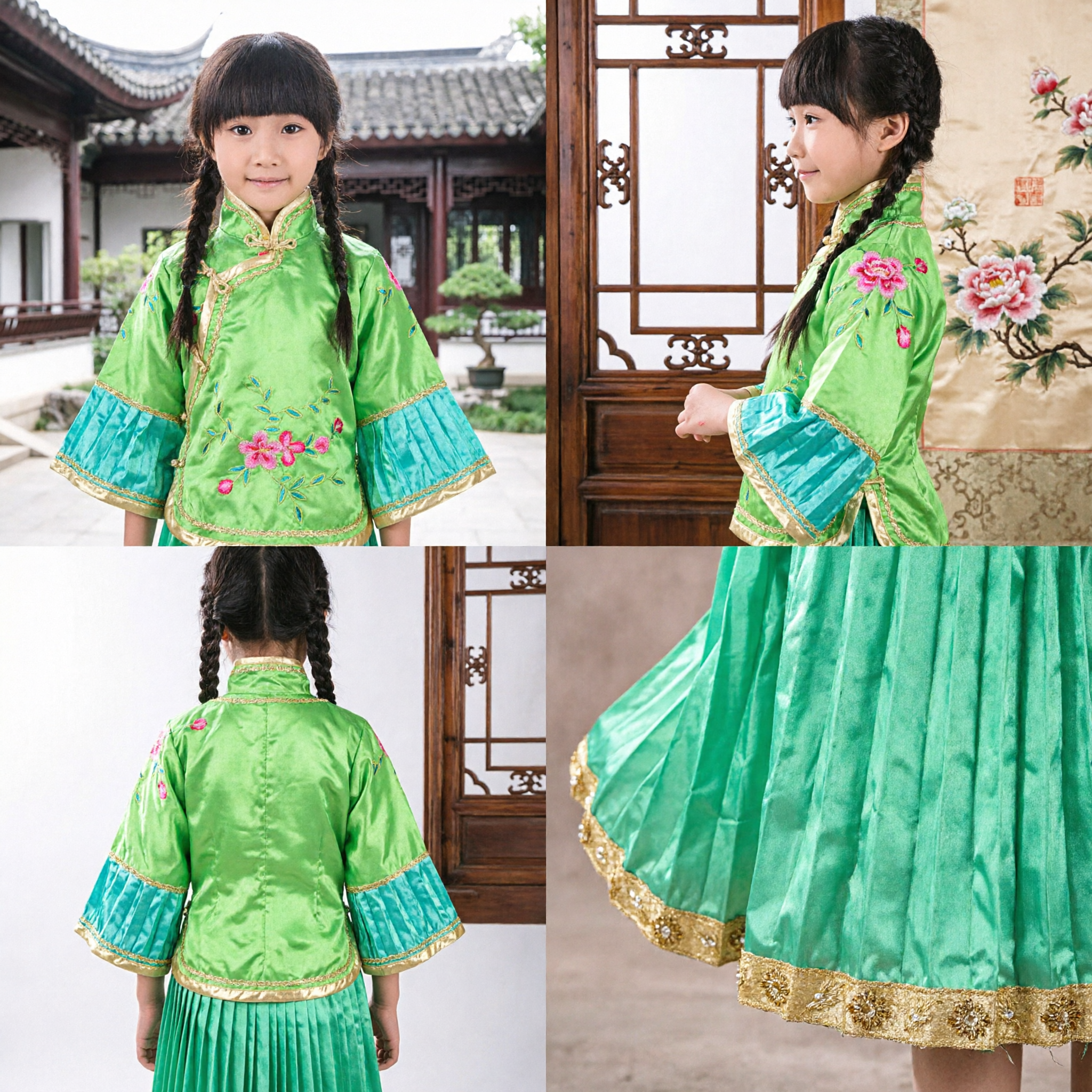 Girls Traditional Chinese Green Dance Costume Kids Embroidered Tang Suit Dress for Folk Performance and Stage - Asian Costume