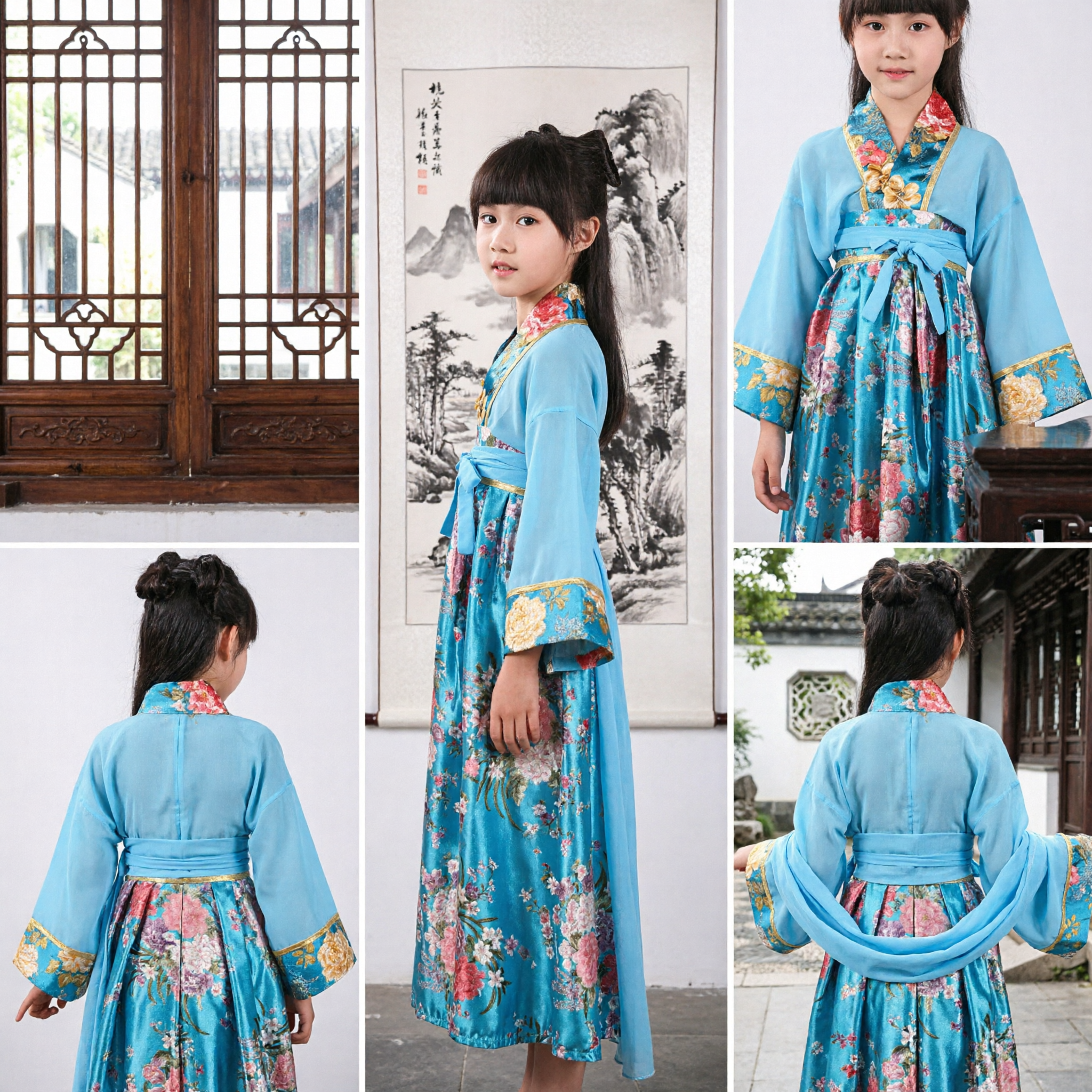 Ancient Chinese Tang Dynasty Hanfu Costume for Girls Blue Floral Princess Dress Kids Performance Wear - Asian Costume