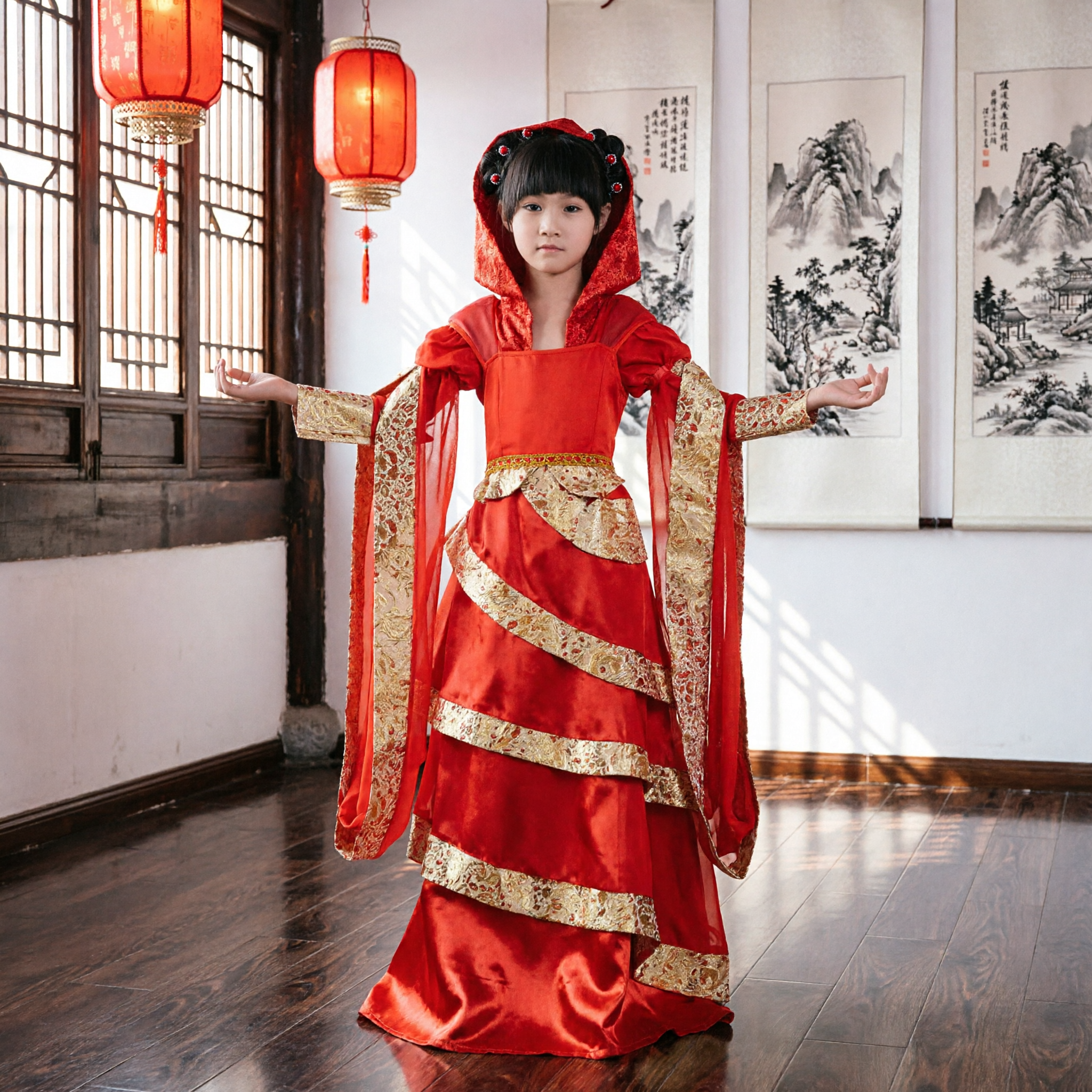 Traditional Chinese Hanfu Dress for Girls Red Tang Dynasty Princess Costume for Kids Ancient Stage Performance - Asian Costume