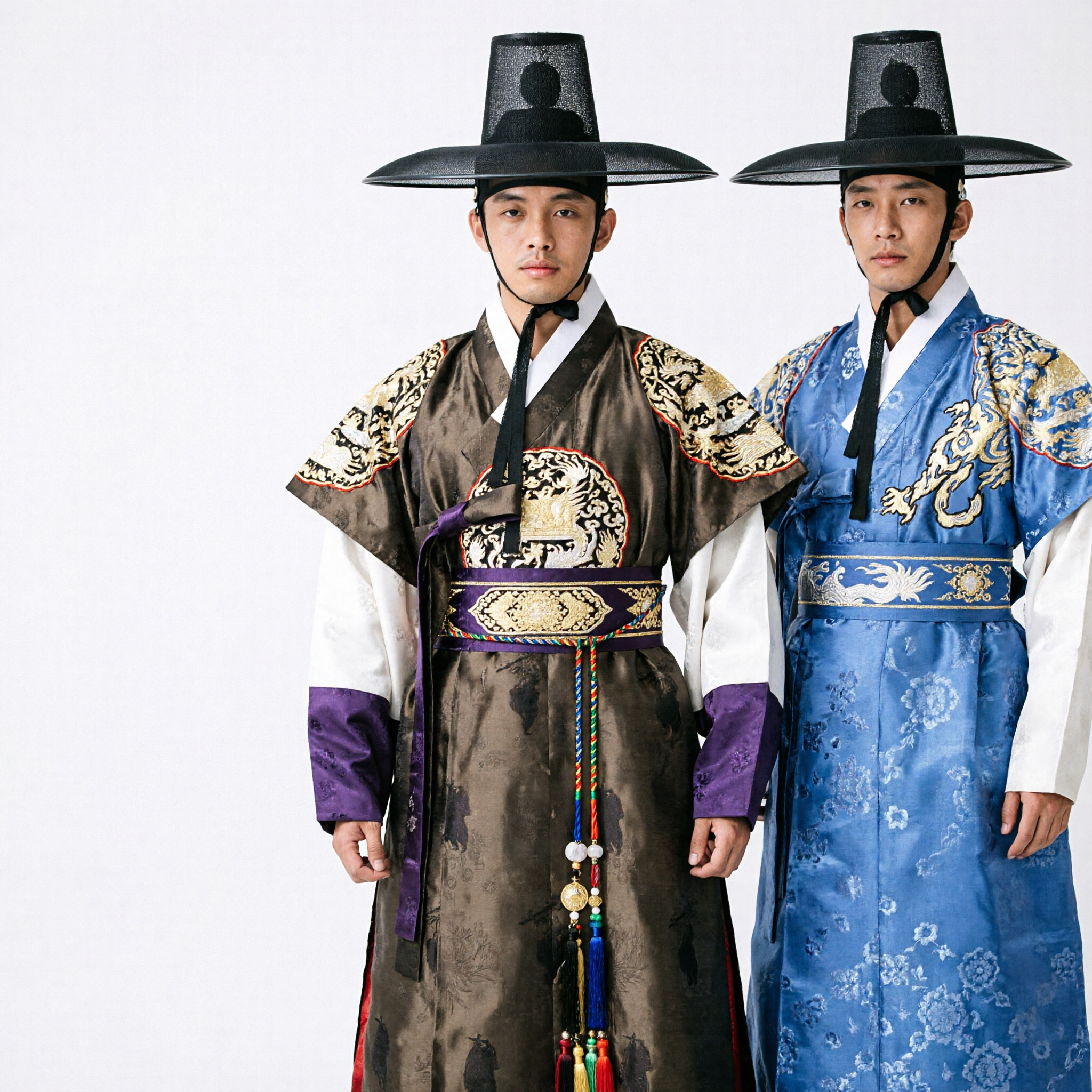 Men's Traditional Korean Hanbok Dragon Robe Costume Set with Black Gat Hat for Cosplay - Asian Costume