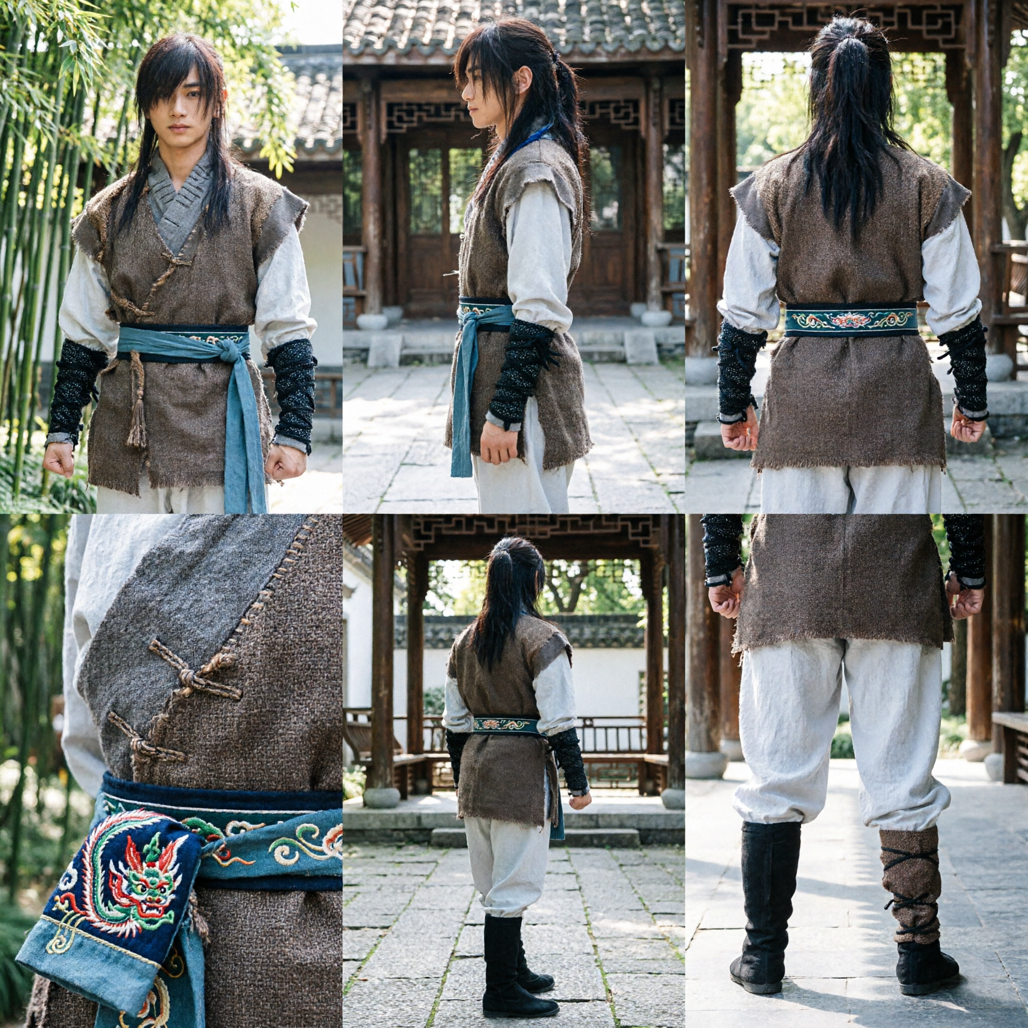 Men's Ancient Chinese Wuxia Beggar Sect Costume Martial Arts Cosplay Hanfu Outfit for Stage Performance - Asian Costume