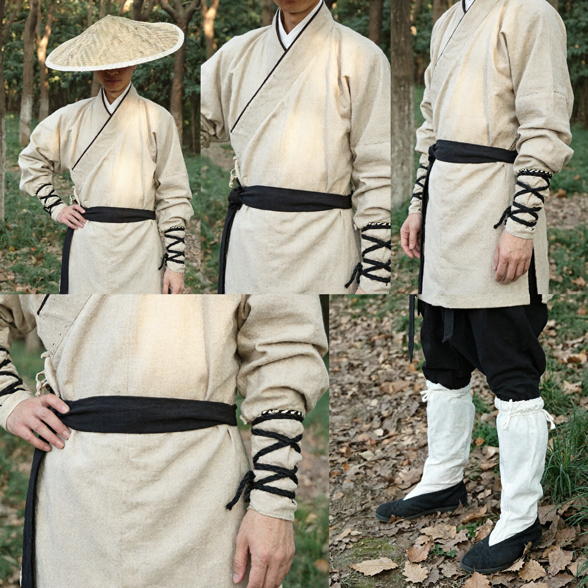 Men's Ancient Chinese Kung Fu Costume Traditional Martial Arts Commoner Outfit with Straw Hat - Asian Costume