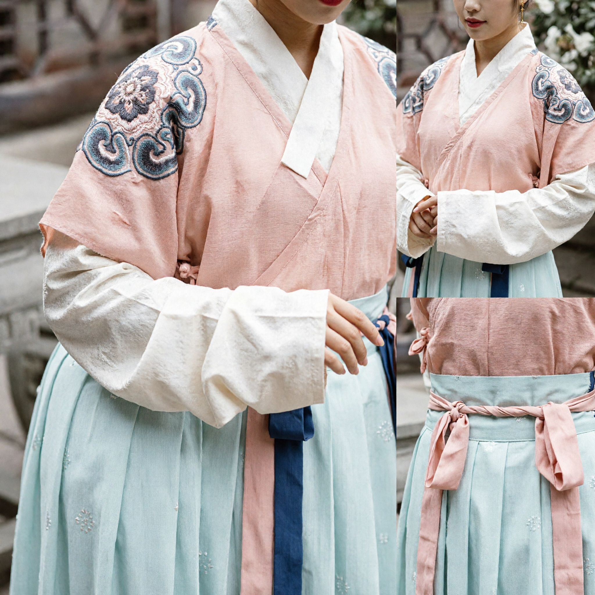 Elegant Women's Traditional Korean Hanbok Dress Pink Jeogori with Embroidery and Pale Green Chima for Historical Costume - Asian Costume