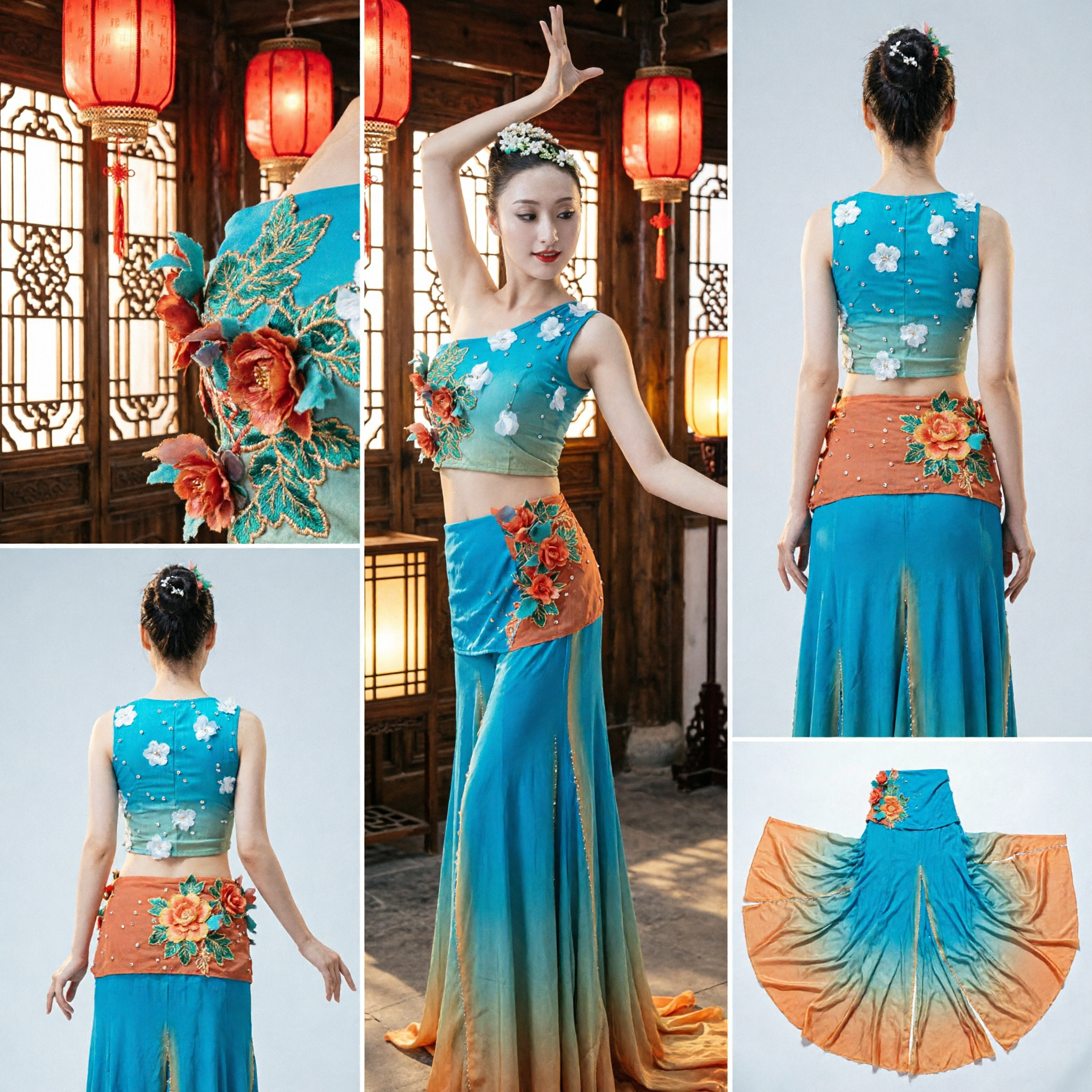 Women's Dai Nationality Peacock Dance Costume Blue One-Shoulder Top Gradient Long Skirt Stage Performance Wear - Asian Costume