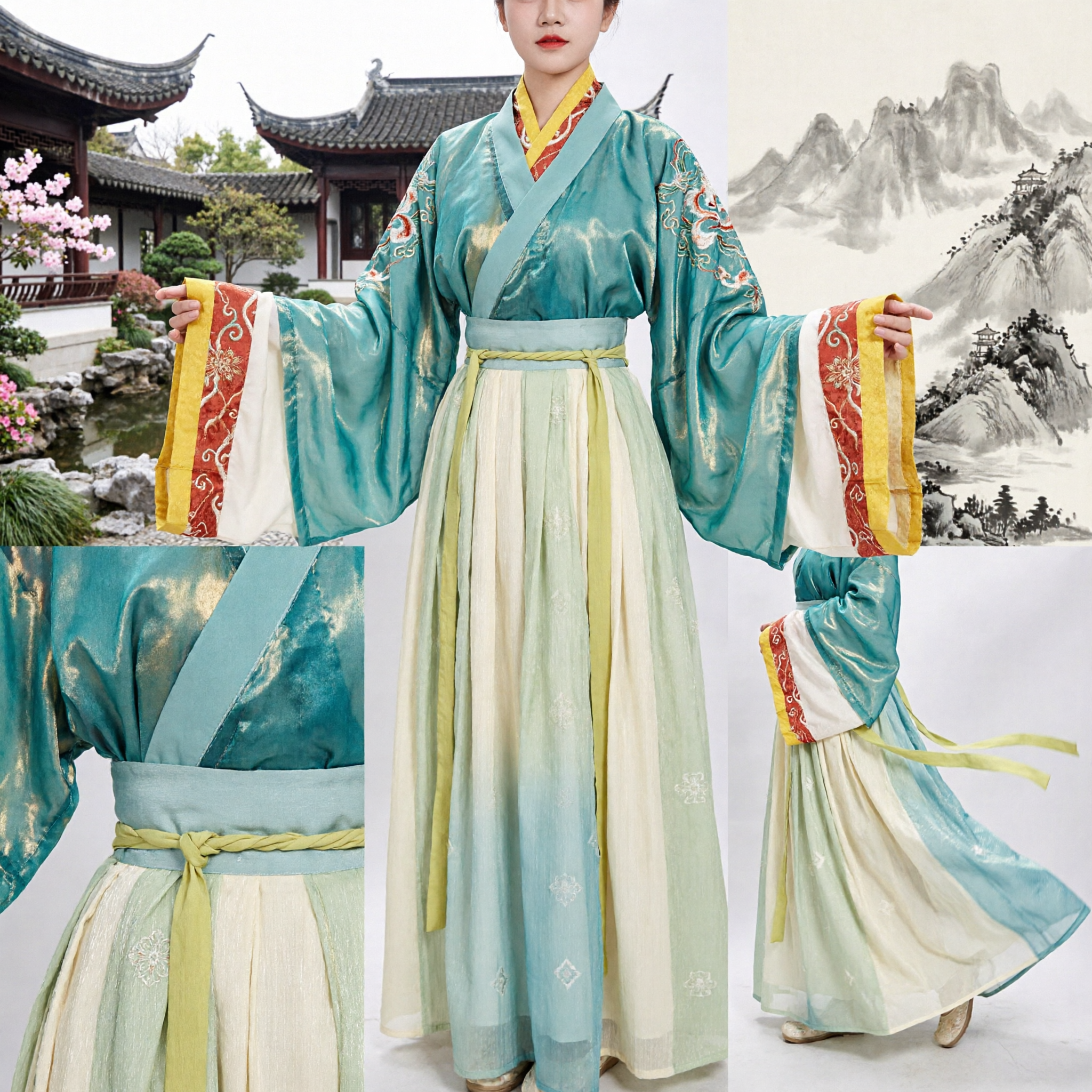 Women's Ancient Chinese Hanfu Dress Tang Dynasty Style Teal and Green Traditional Costume for Stage Performance - Asian Costume