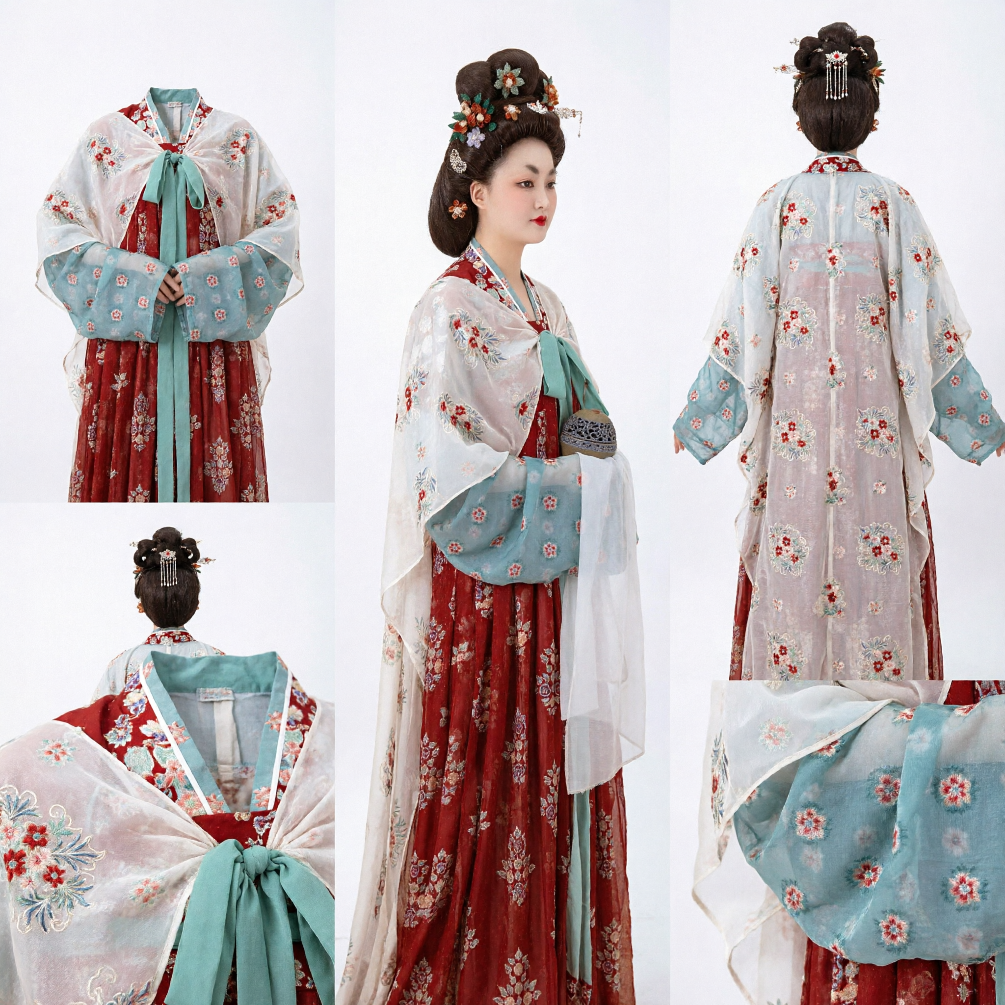 Traditional Chinese Tang Dynasty Hanfu Costume Women Ancient Palace Lady Dress Red Floral Skirt Sheer Robe - Asian Costume