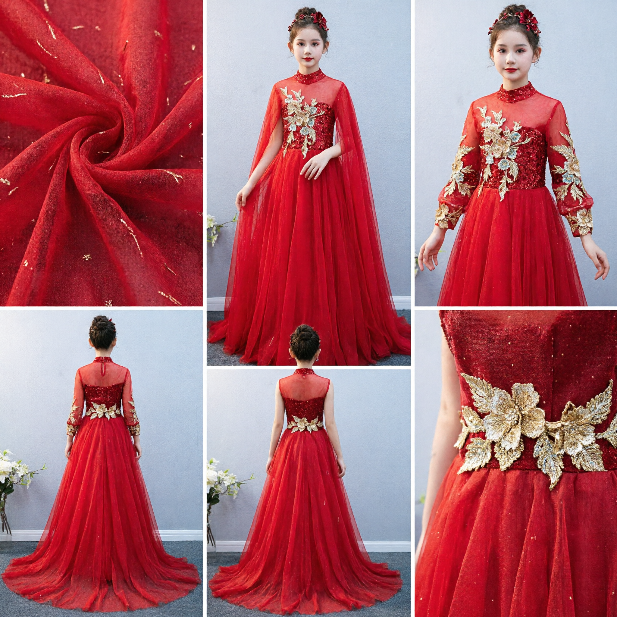 Children's Red Formal Evening Gown with Sheer Cape and Gold Floral Embroidery for Wedding Host - Asian Costume