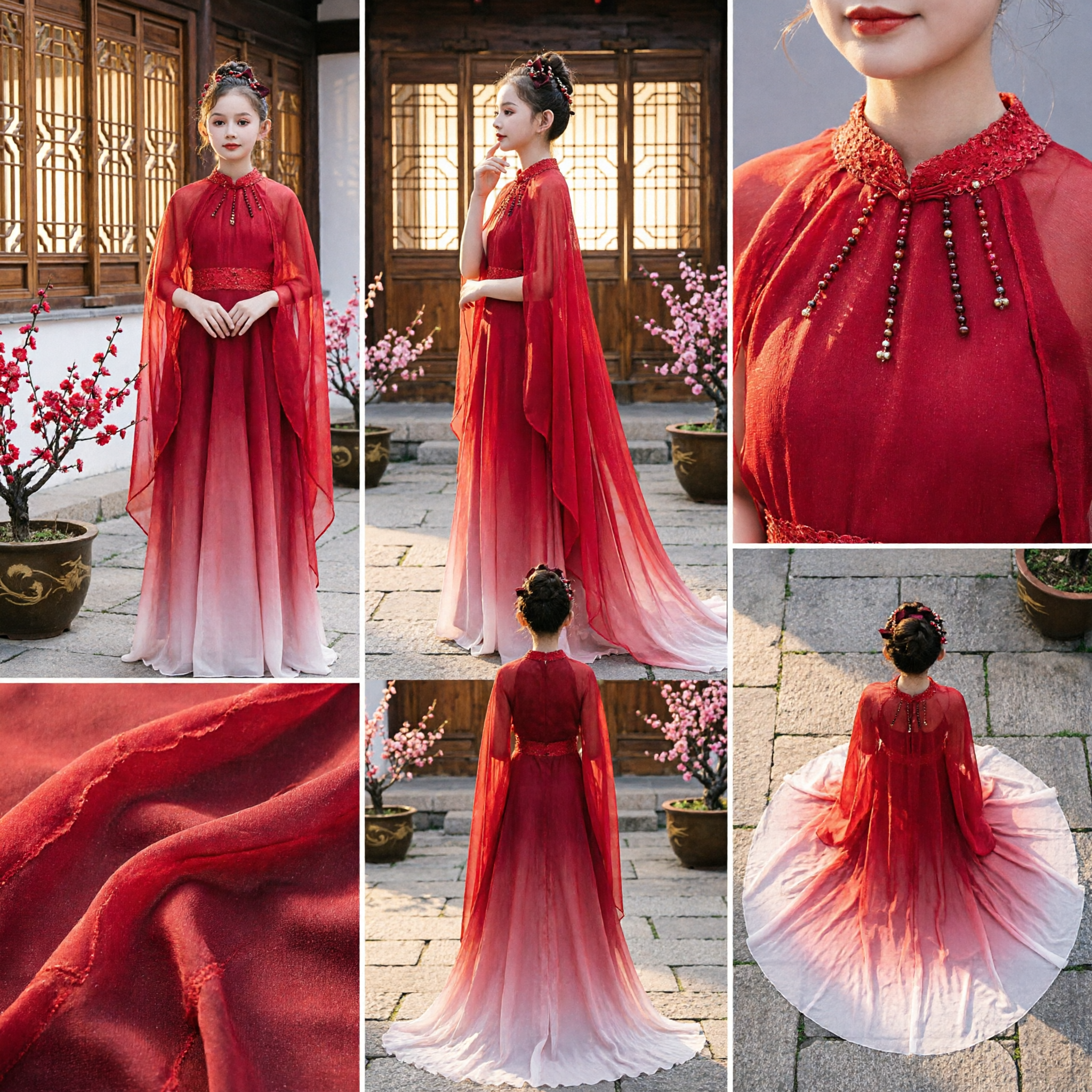 Kids Girls Red Ombre Chiffon Dress Traditional Chinese Stage Performance Host Gown Long Costume - Asian Costume