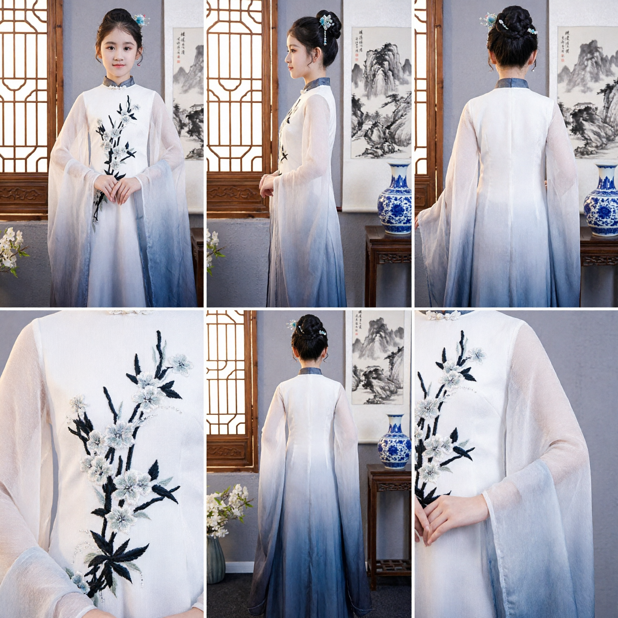 Elegant Chinese Traditional Hanfu Dress for Girls Plum Blossom Embroidery Ombre Cheongsam with Cape for Performance - Asian Costume