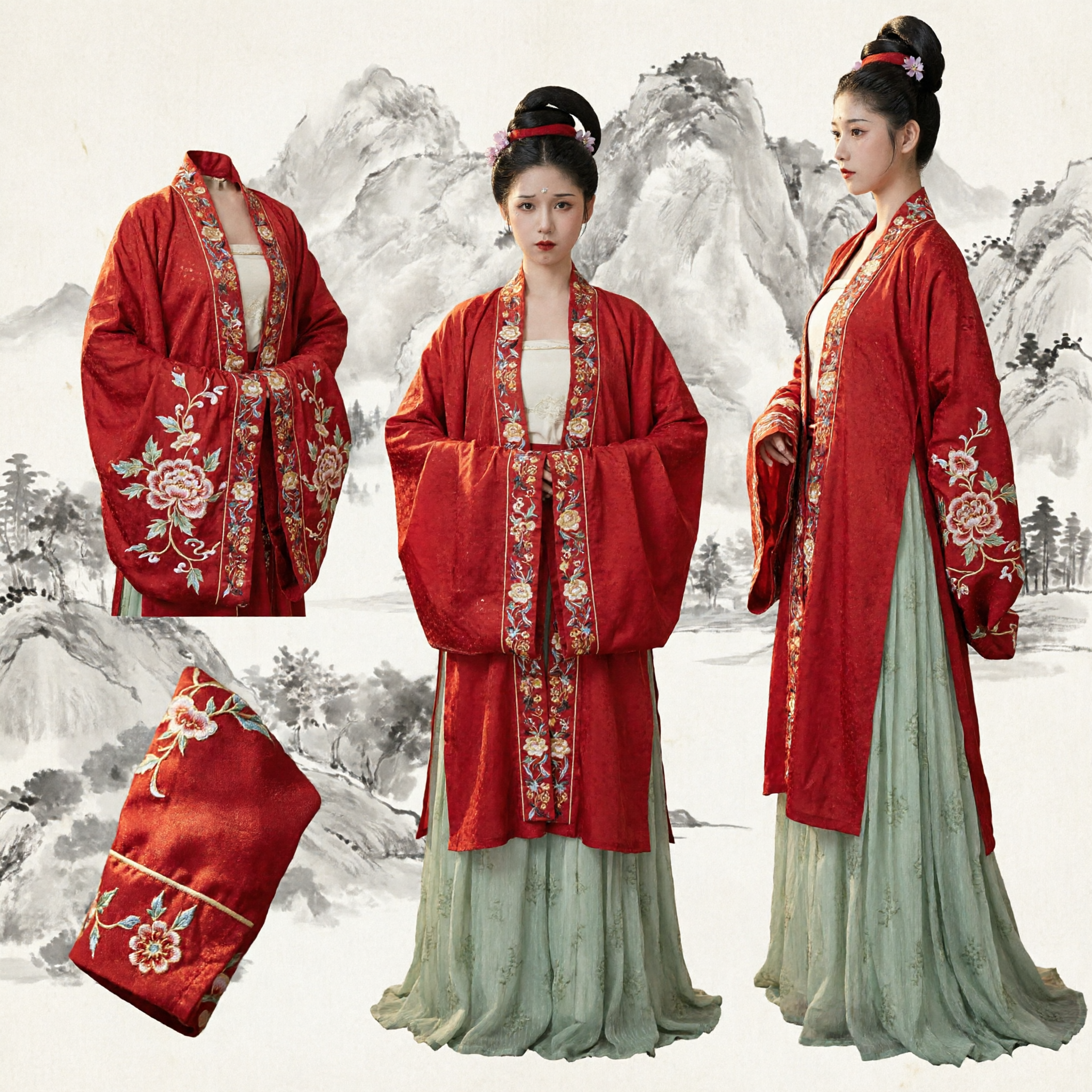 Traditional Chinese Hanfu Costume Red Embroidered Robe and Green Skirt Set for Women Ancient Cosplay Dress - Asian Costume
