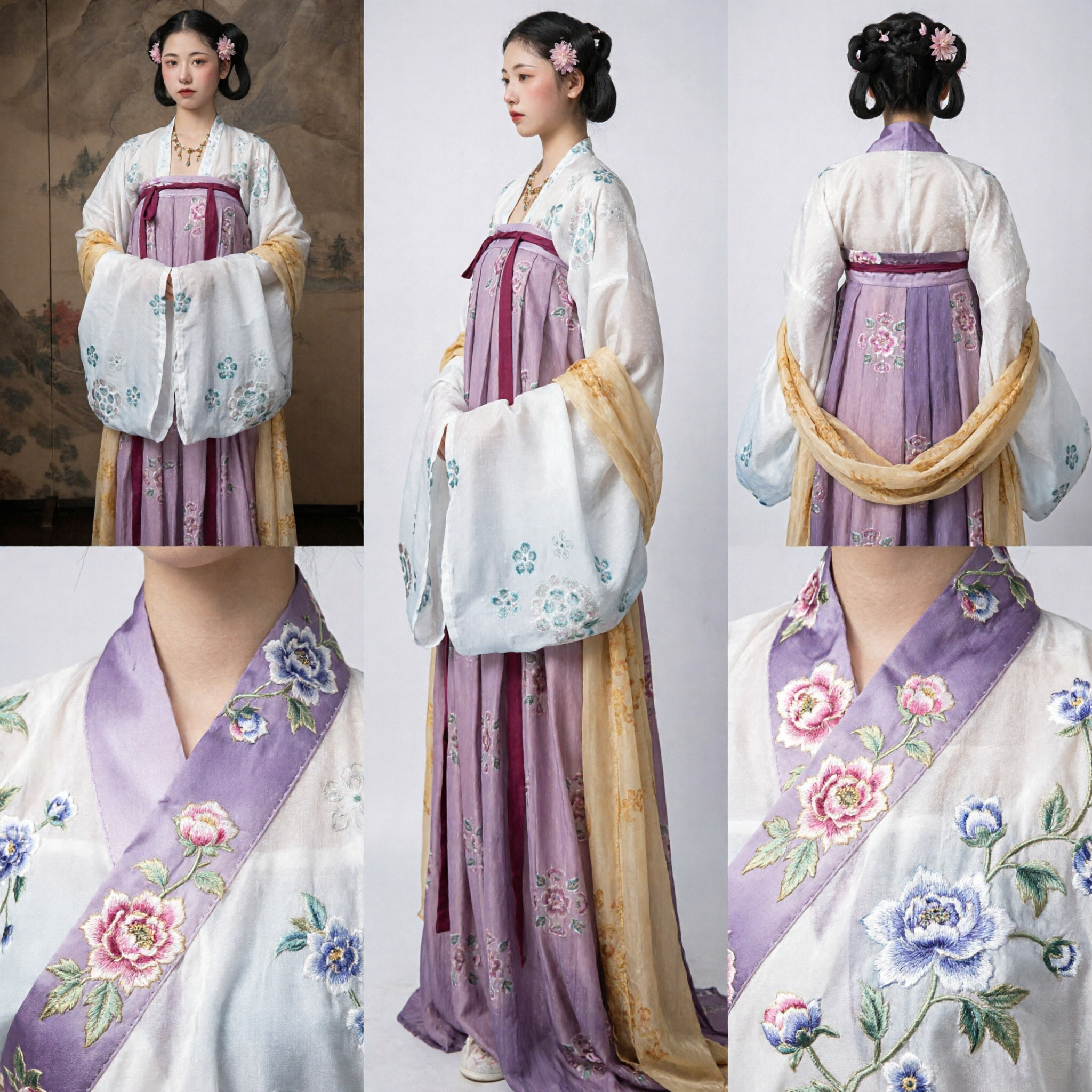 Traditional Chinese Hanfu Tang Dynasty Costume Women Floral Wide Sleeve Purple Skirt Ancient Clothing Set - Asian Costume
