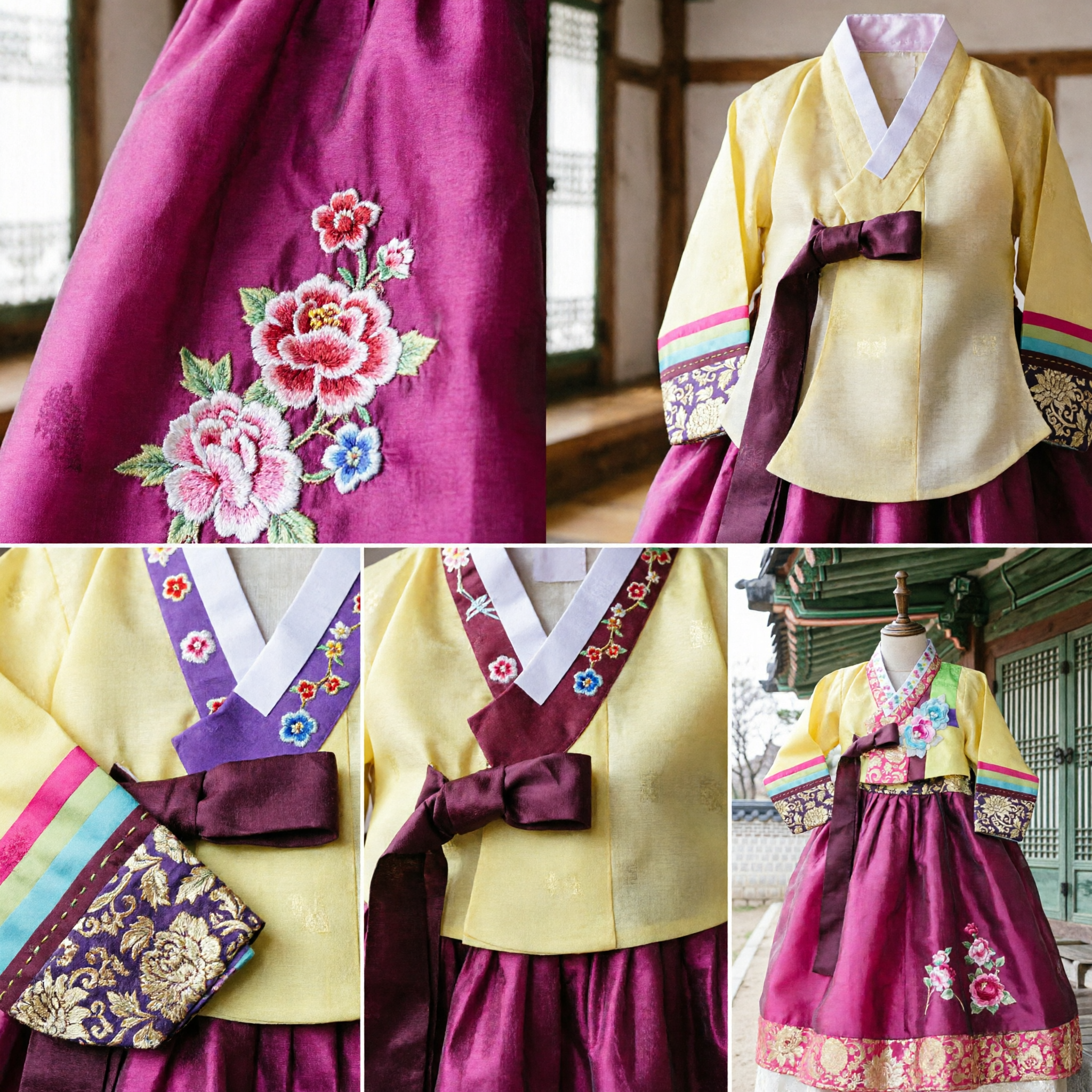 Traditional Korean Hanbok Dress for Girls Yellow and Red Floral Embroidery Kids Party Costume - Asian Costume