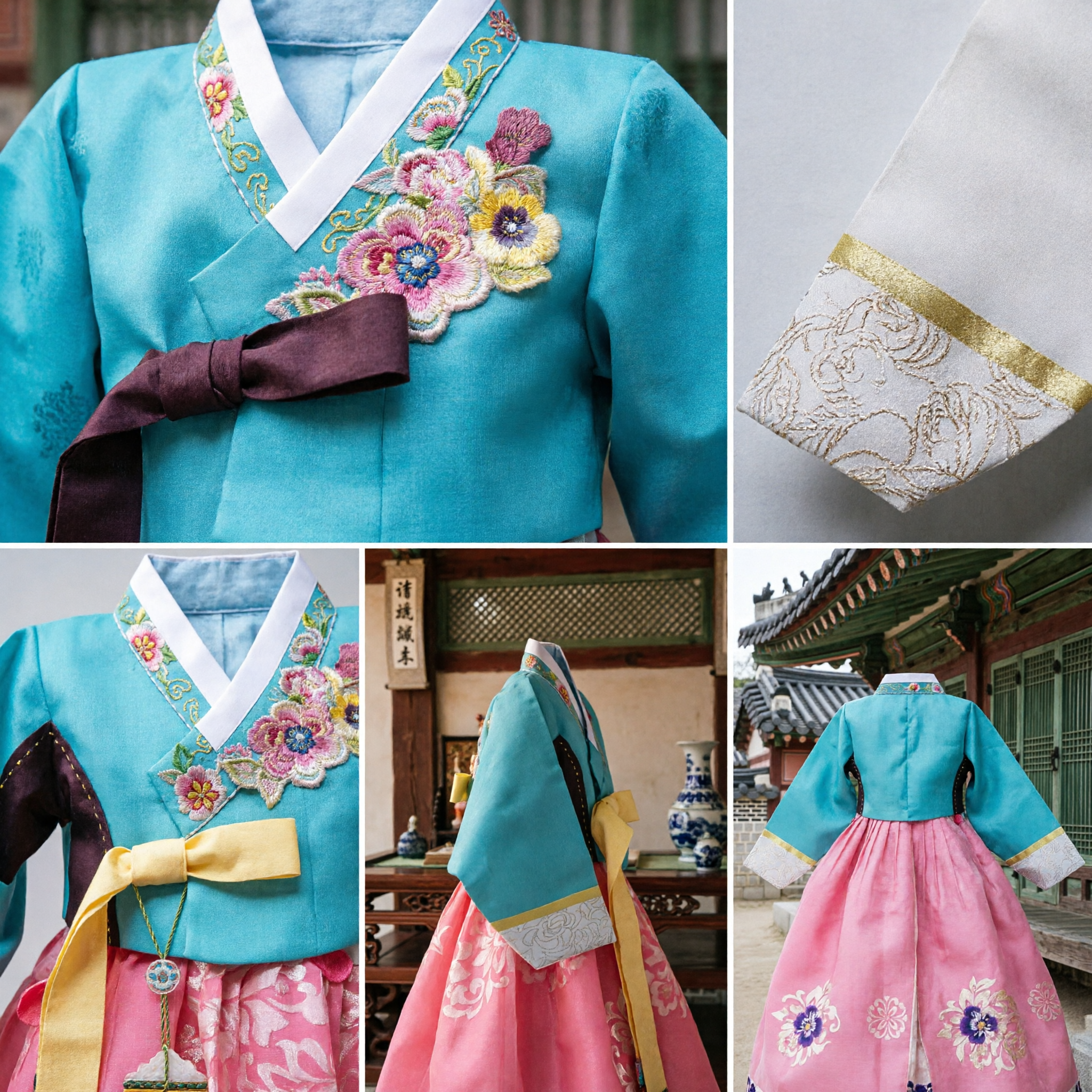 Traditional Korean Hanbok for Girls Turquoise Jeogori Pink Chima Embroidered Costume for Kids Dol Birthday - Asian Costume