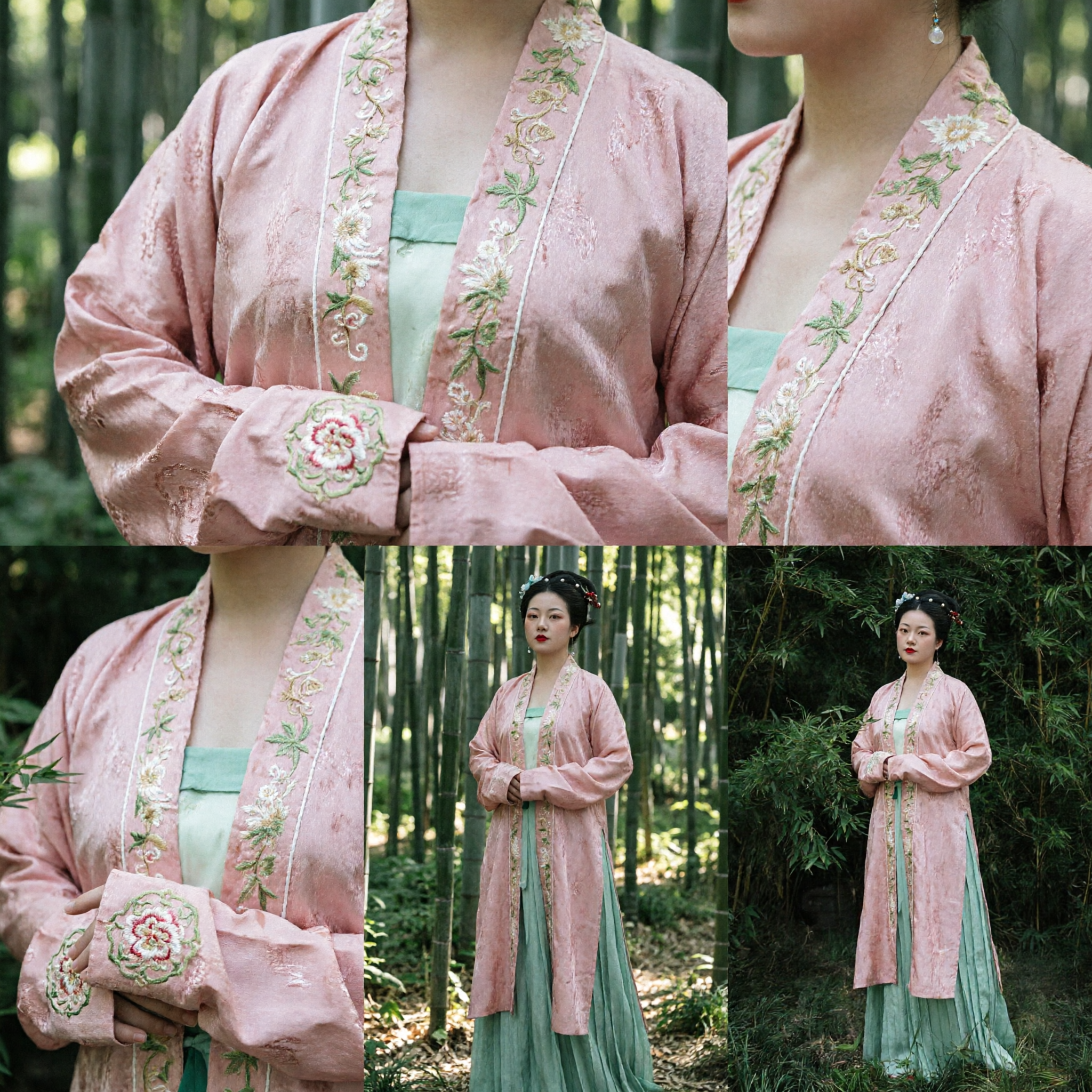 Ancient Chinese Hanfu Costume Tang Dynasty Palace Lady Pink Embroidered Outer Robe and Green Skirt Set for Women - Asian Costume