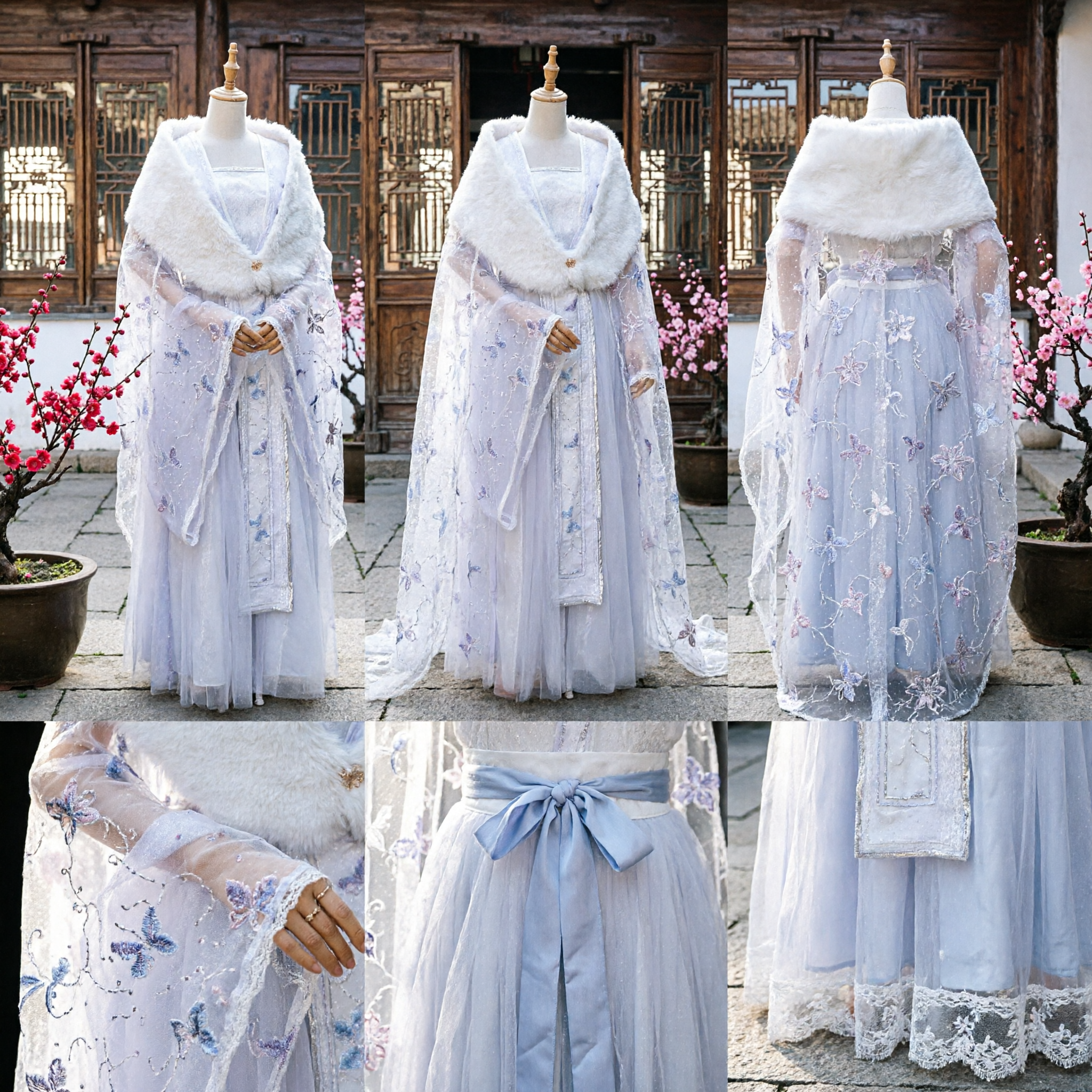 Traditional Chinese Hanfu White Cloak with Fur Trim and Embroidery Ancient Fairy Costume for Women - Asian Costume