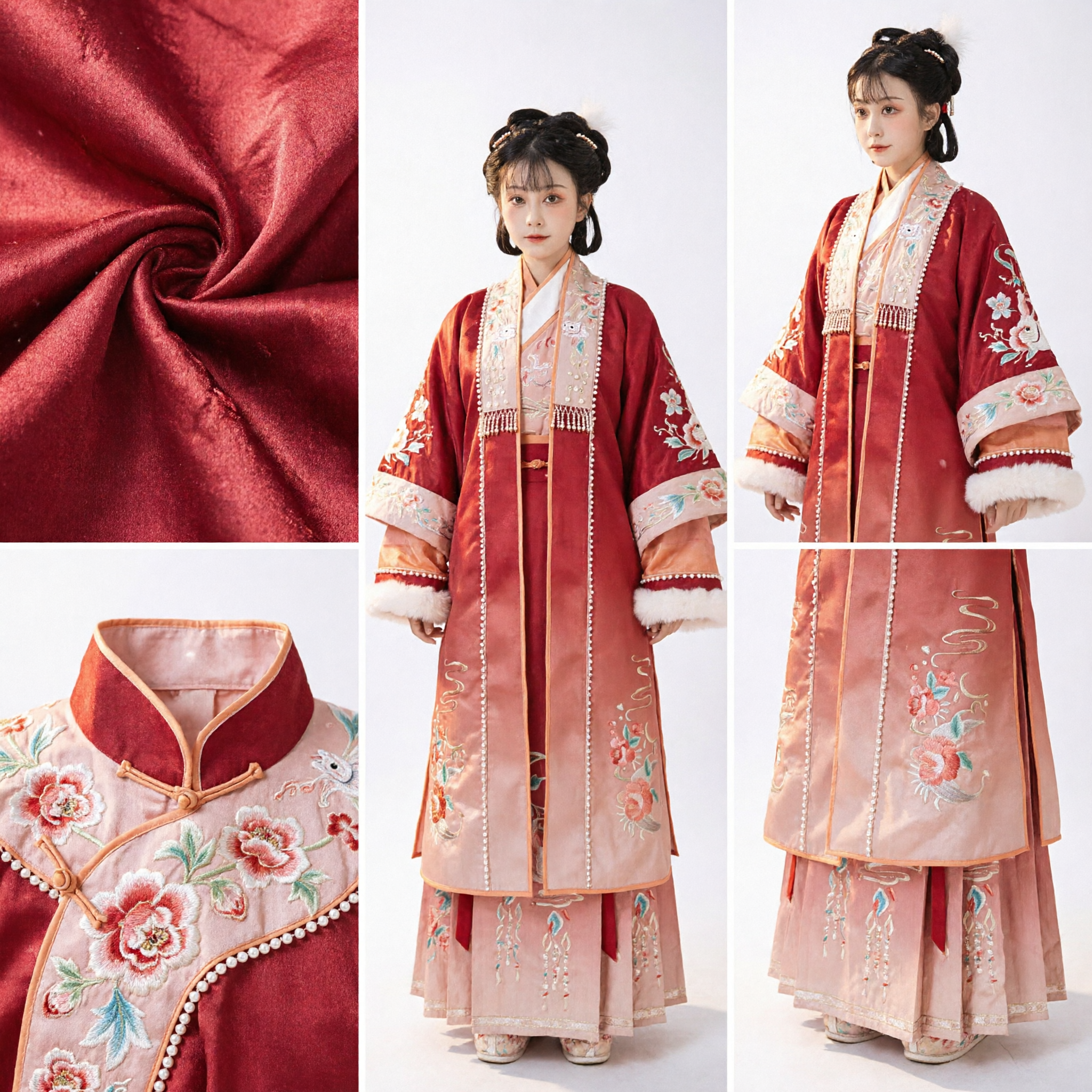 Traditional Chinese Ming Dynasty Hanfu Red Winter Fur Trim Embroidered Coat and Skirt for Women New Year - Asian Costume