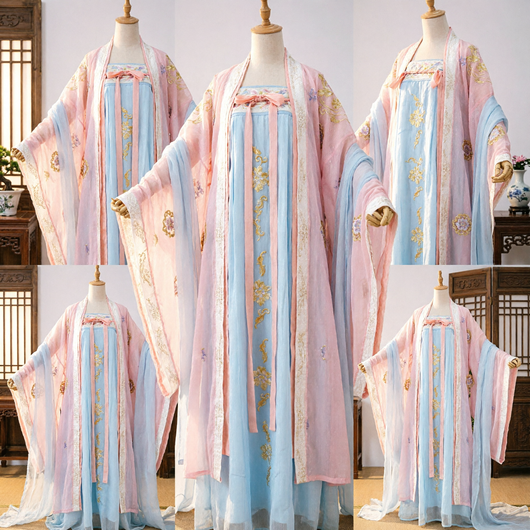 Traditional Chinese Hanfu Ancient Fairy Costume Pink Sheer Robe Blue Embroidered Dress for Women Cosplay - Asian Costume