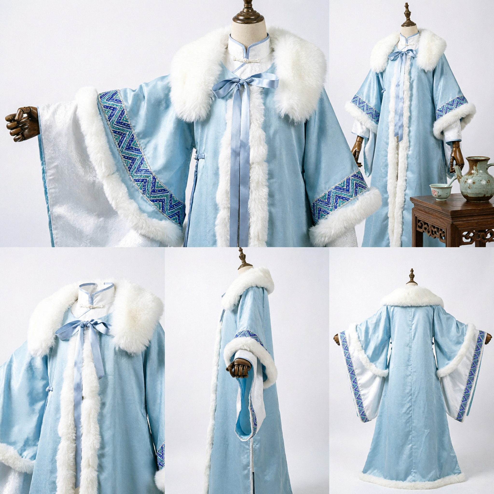 Traditional Chinese Hanfu Winter Cloak Blue Robe with White Fur Trim Ancient Costume for Cosplay - Asian Costume