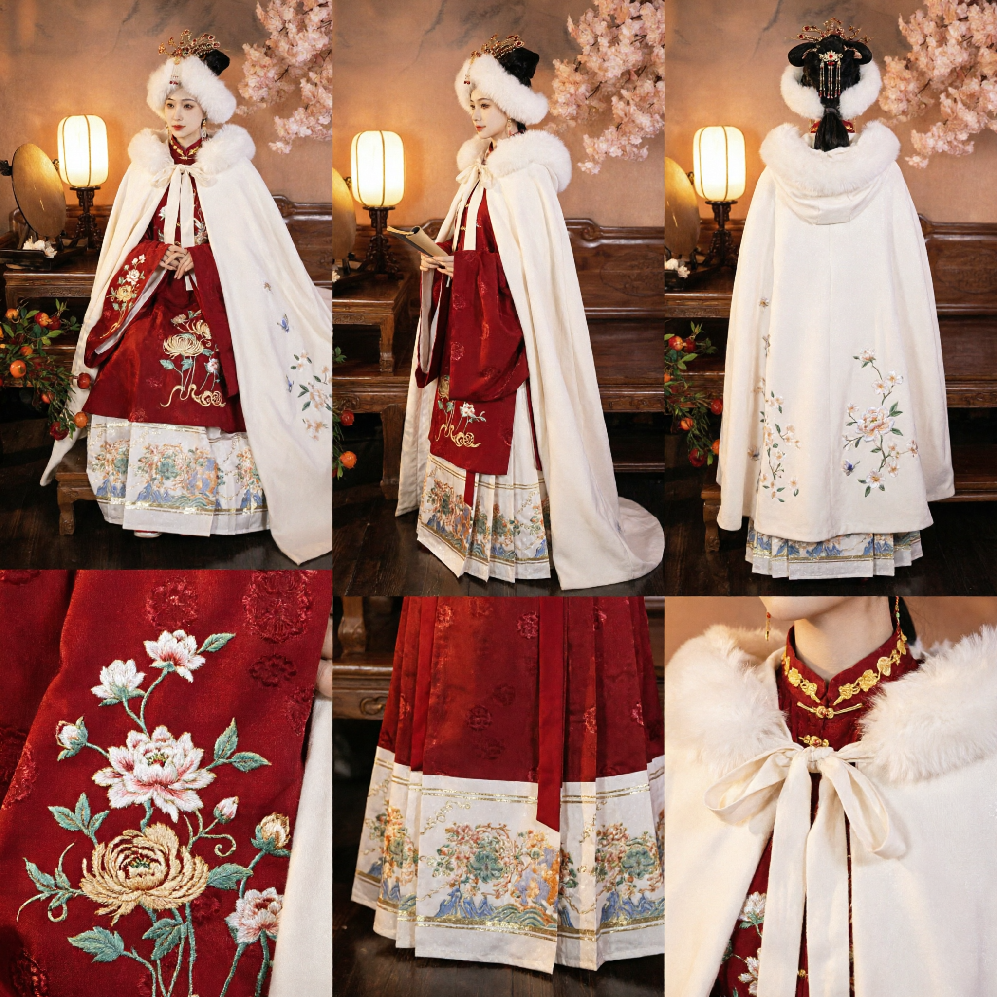Women's Traditional Chinese Hanfu Winter Cape Cloak with White Fur Trim and Embroidered Red Ming Dynasty Dress - Asian Costume