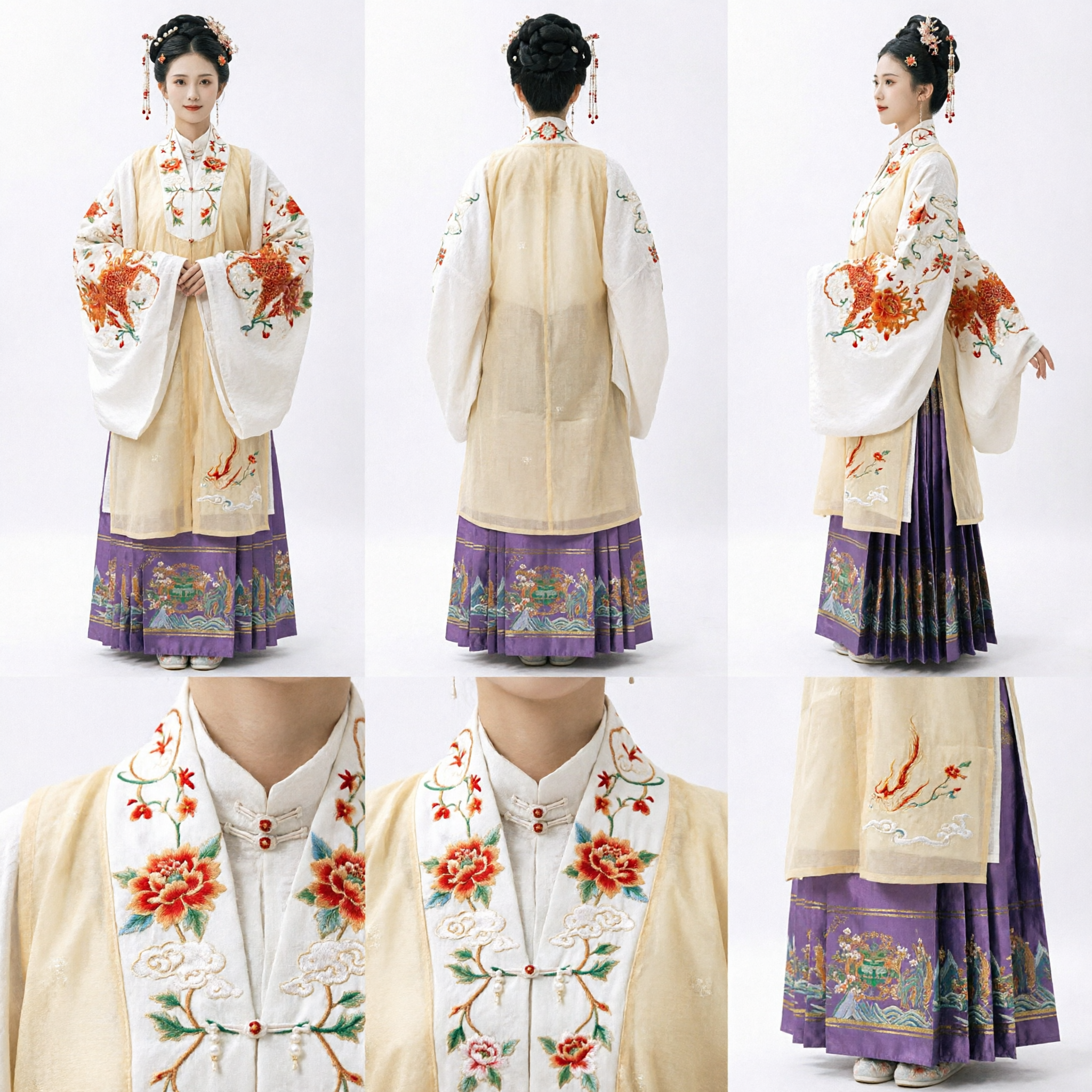 Chinese Traditional Hanfu Costume for Women Ming Dynasty Style White Embroidered Top and Purple Pleated Skirt Set - Asian Costume