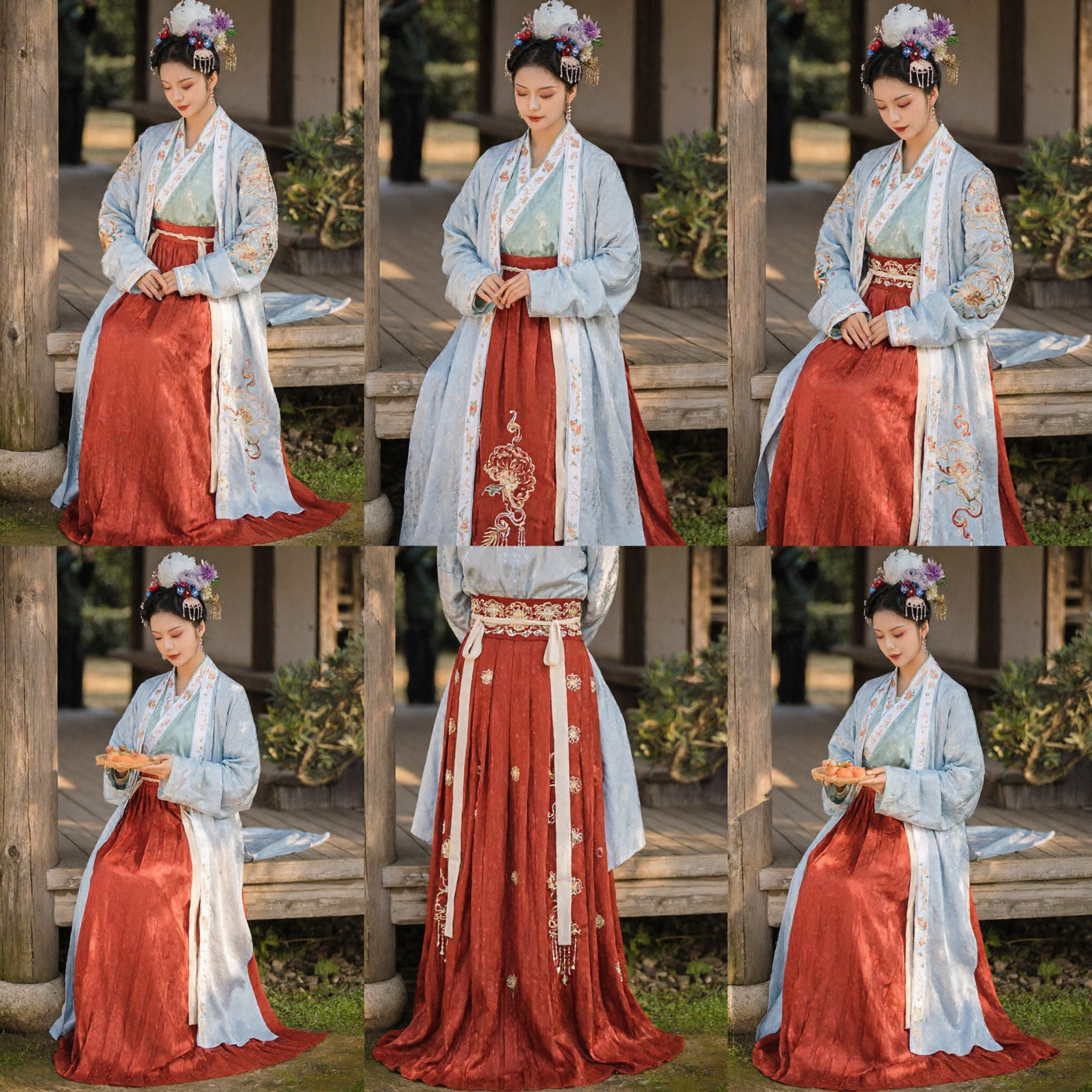 Traditional Chinese Hanfu Costume Women Ancient Song Dynasty Style Red Skirt Blue Embroidered Robe Historical Dress - Asian Costume
