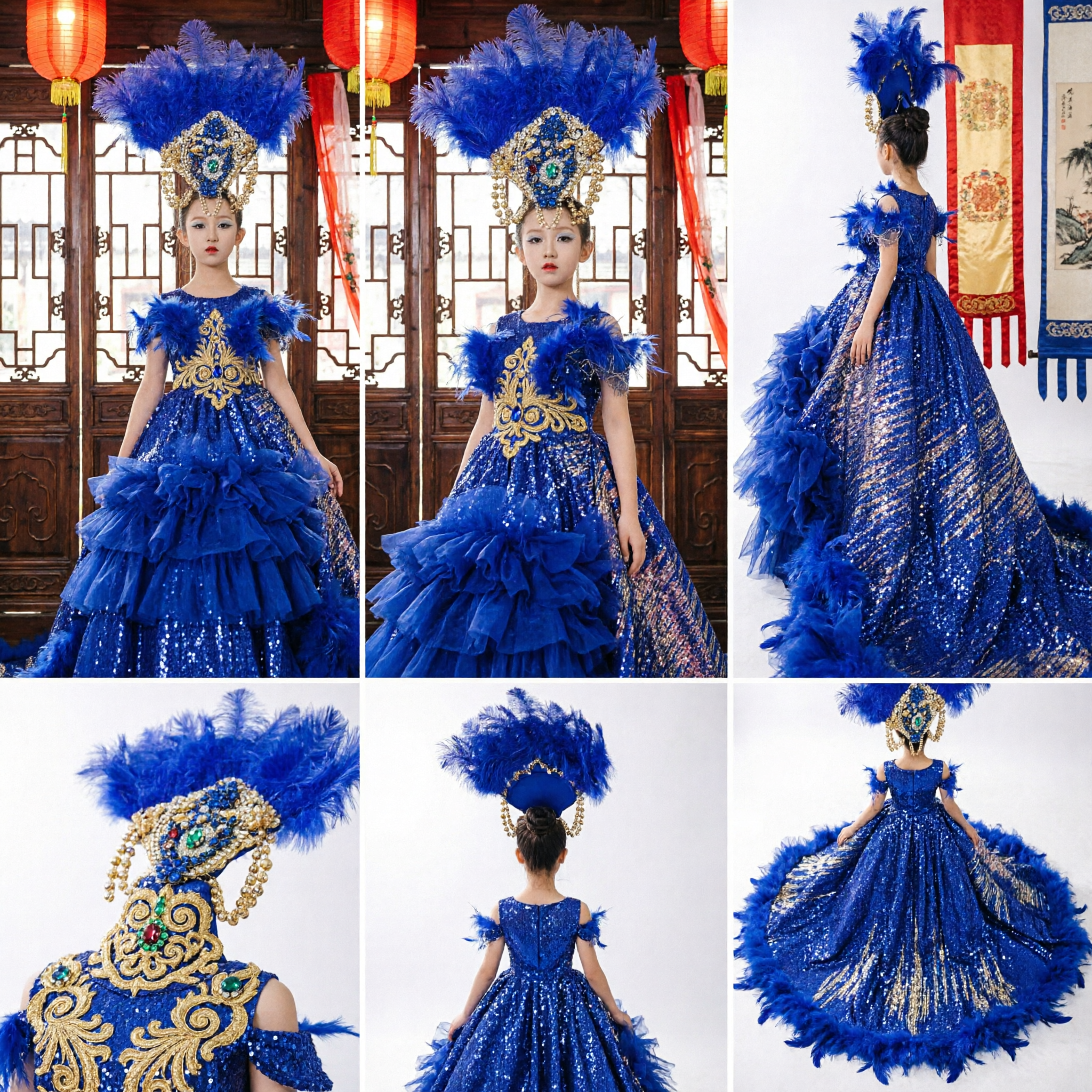 Elaborate Royal Blue Feather Headdress and Sequin Gown for Girls Stage Dance Performance Costume - Asian Costume