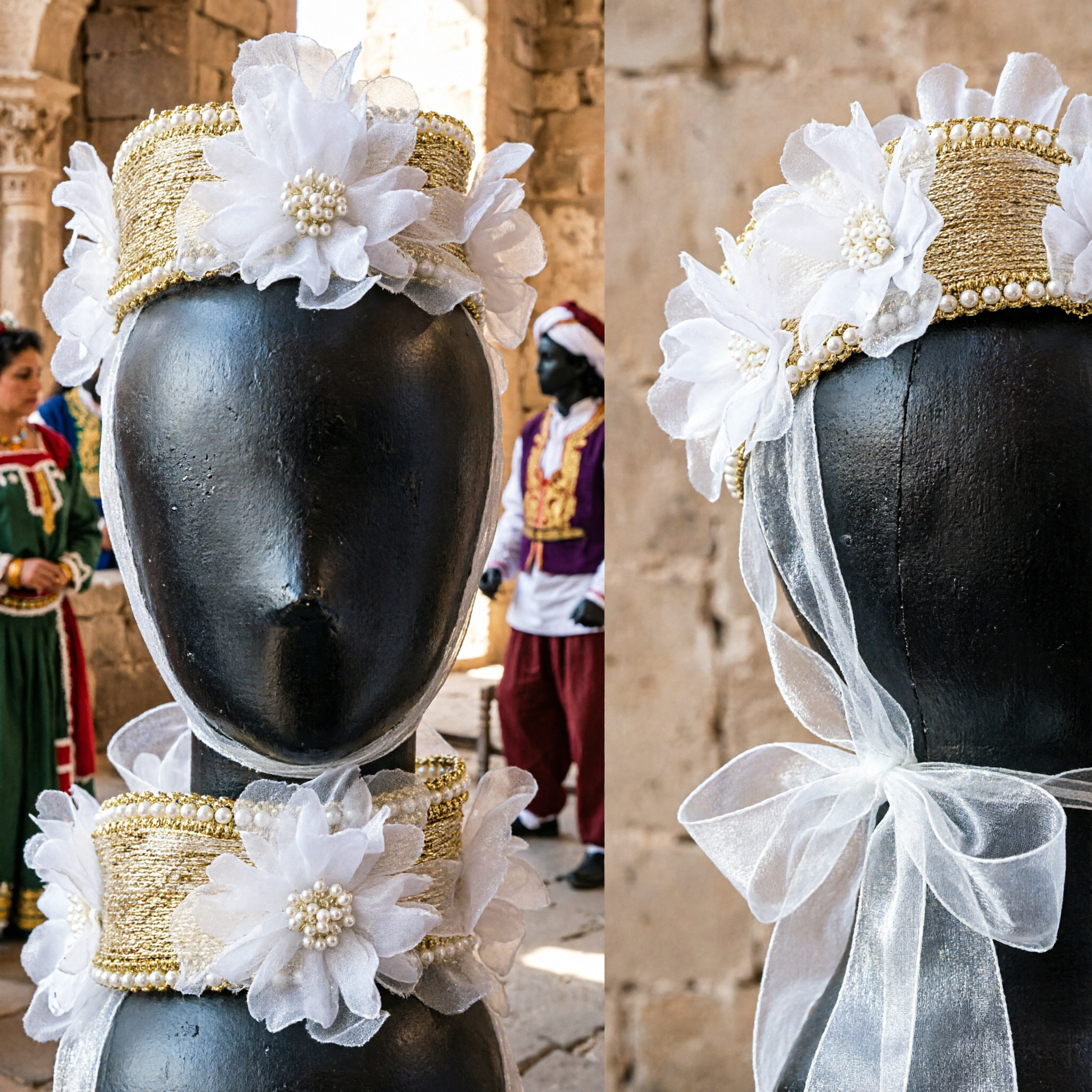 Elegant White Floral Headband with Pearl Accents and Long Sheer Ribbons for Bridal Wedding Costume - Asian Costume