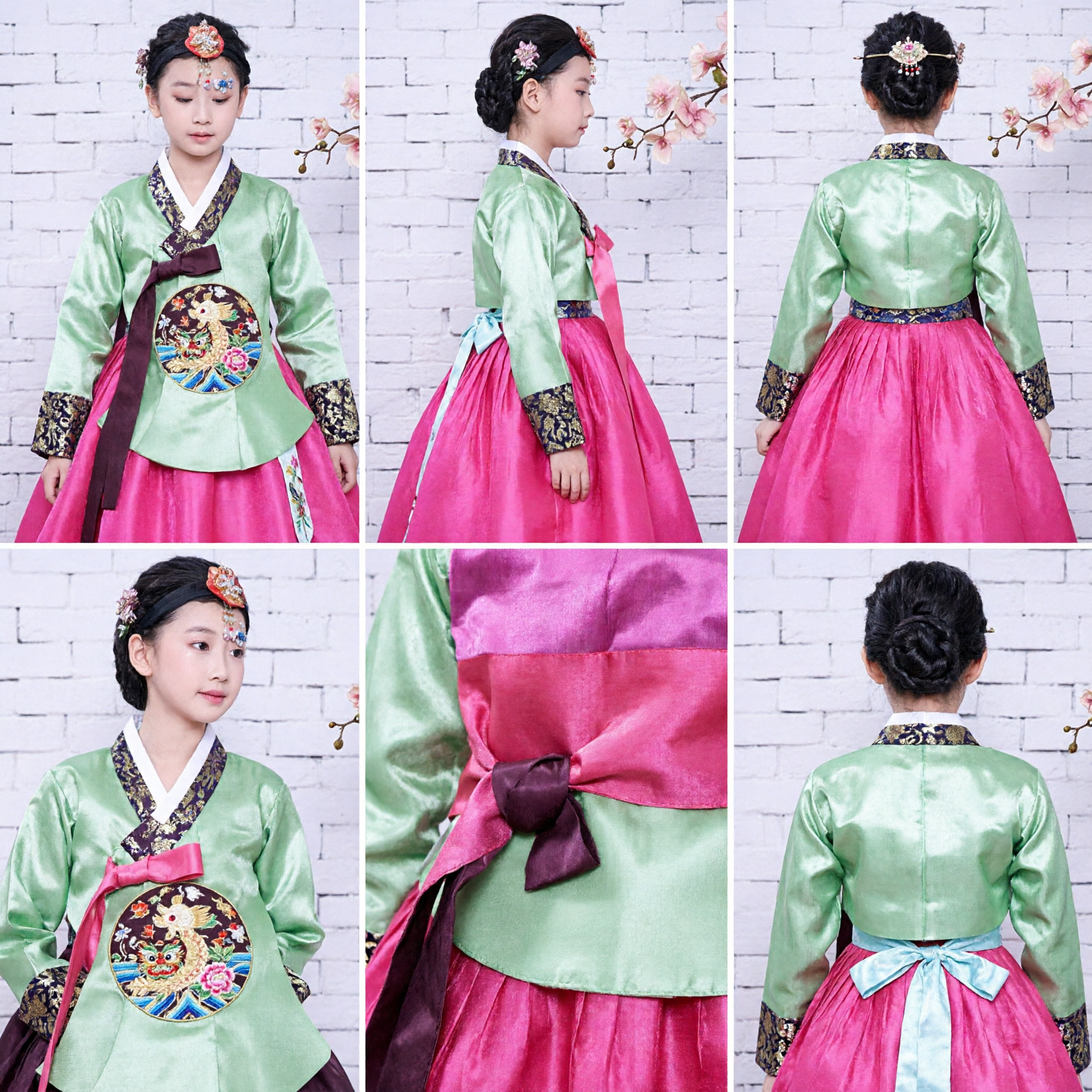 Traditional Korean Hanbok Costume for Girls Green Jeogori Pink Chima Embroidered Dress for Kids Special Occasion - Asian Costume