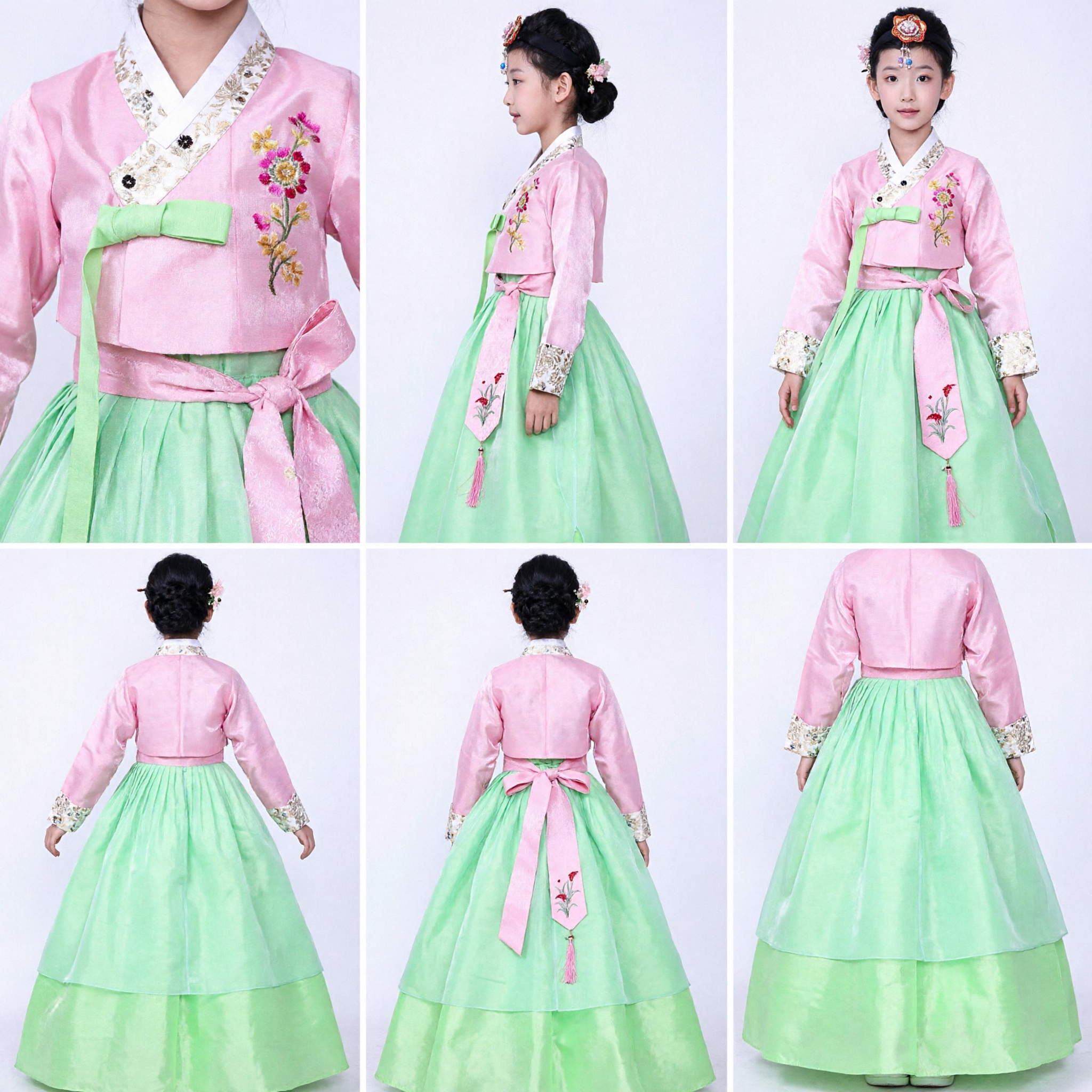 Kids Girls Traditional Korean Hanbok Dress Pink and Green Floral Embroidery Costume for Holidays - Asian Costume