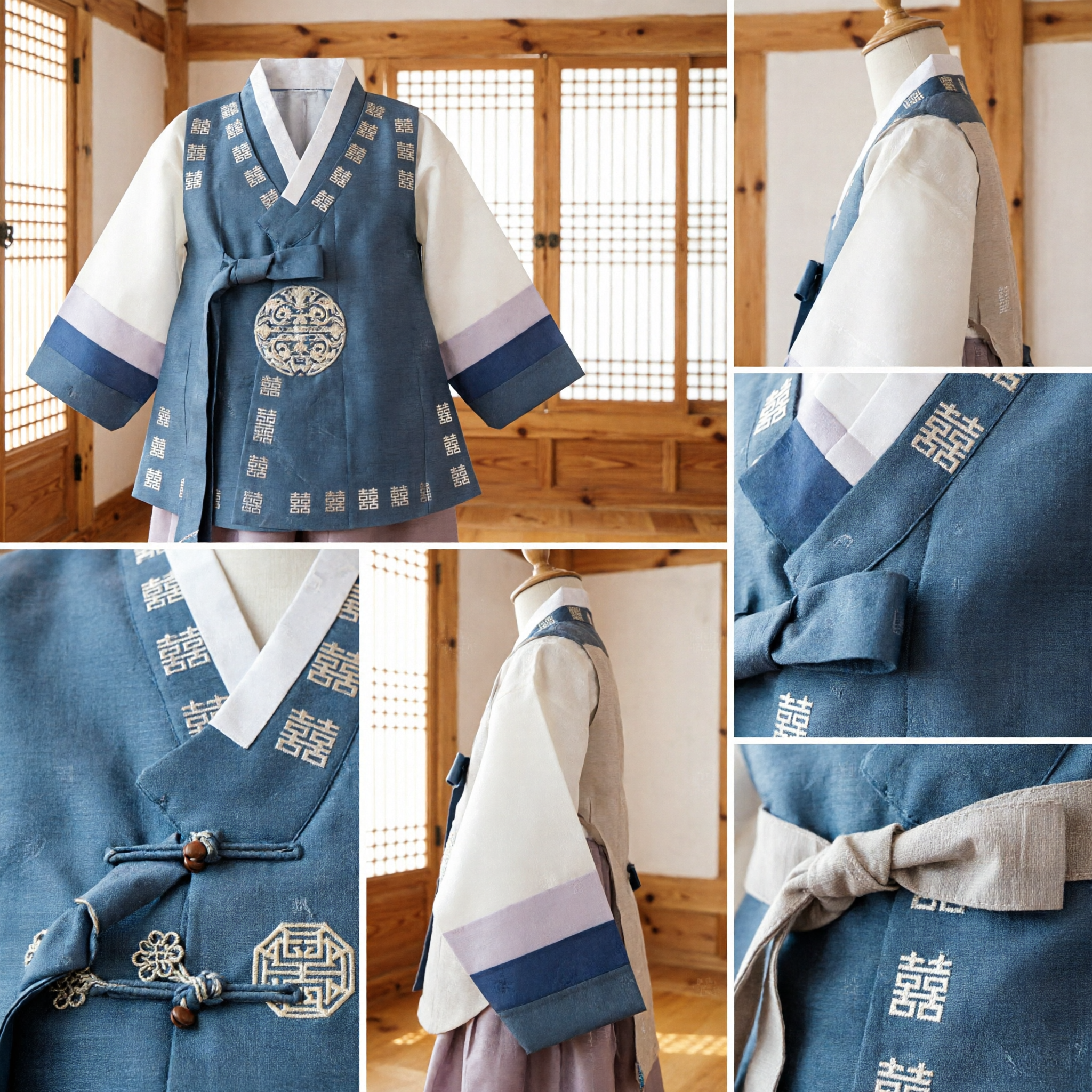 Traditional Korean Hanbok for Boys Grey Wedding Vest Set with Double Happiness Pattern for Festive Occasions - Asian Costume