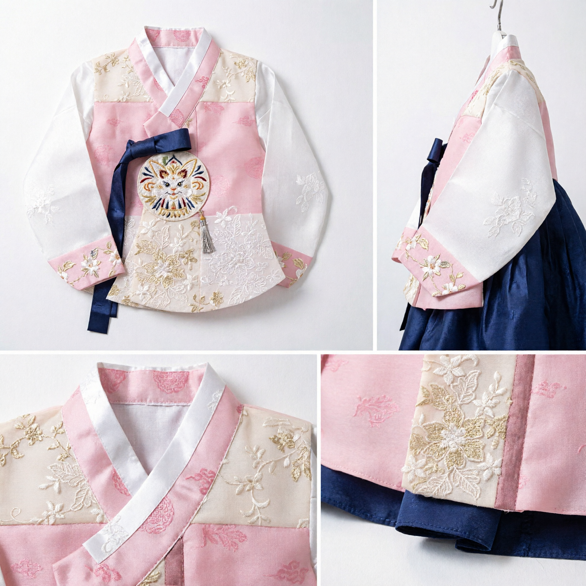 Traditional Korean Hanbok Dress for Girls Pink Floral Embroidered Jeogori for Weddings and Festivals - Asian Costume